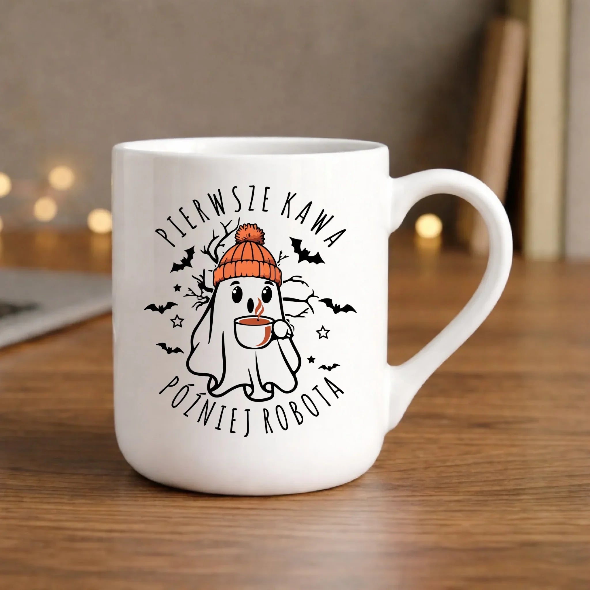 Kubek elegant na Halloween - Duch z kawą - Pierwsze kawa później robota HL01 - StoryCups.pl