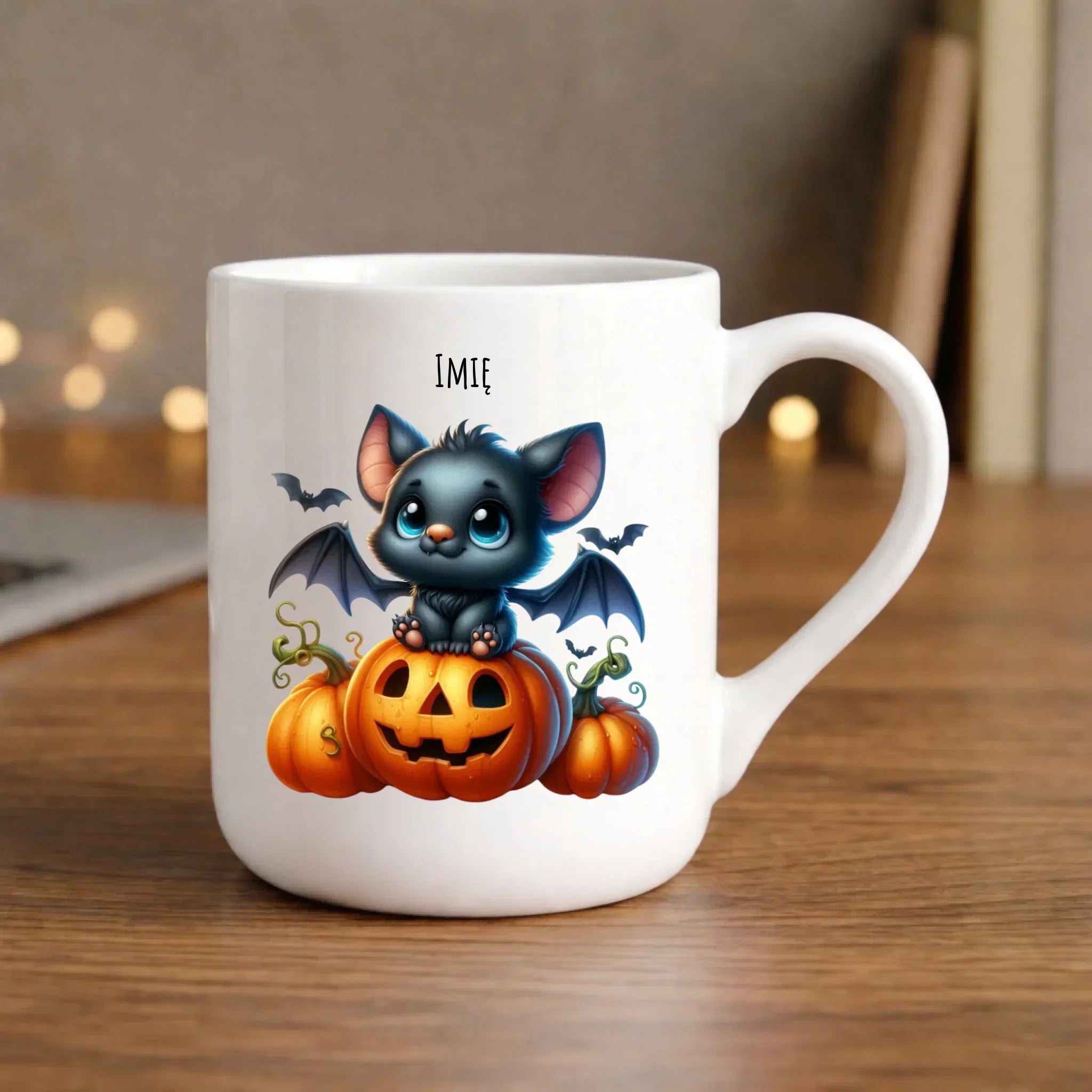 Kubek elegant na halloween - Słodki nietoperz z dynią - personalizowany HL09 - StoryCups.pl