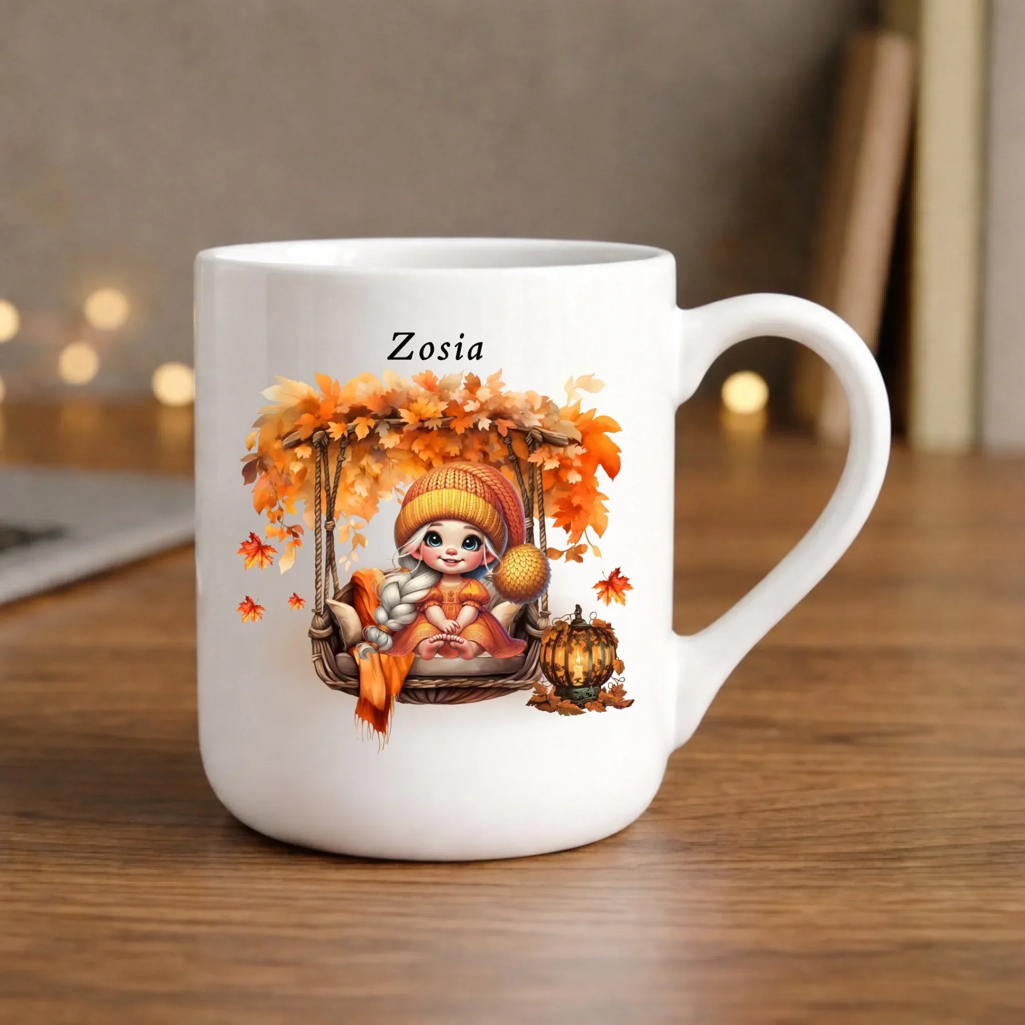 Kubek elegant jesieniara - Dziewczynka z liśćmi - personalizowany JS17 - StoryCups.pl