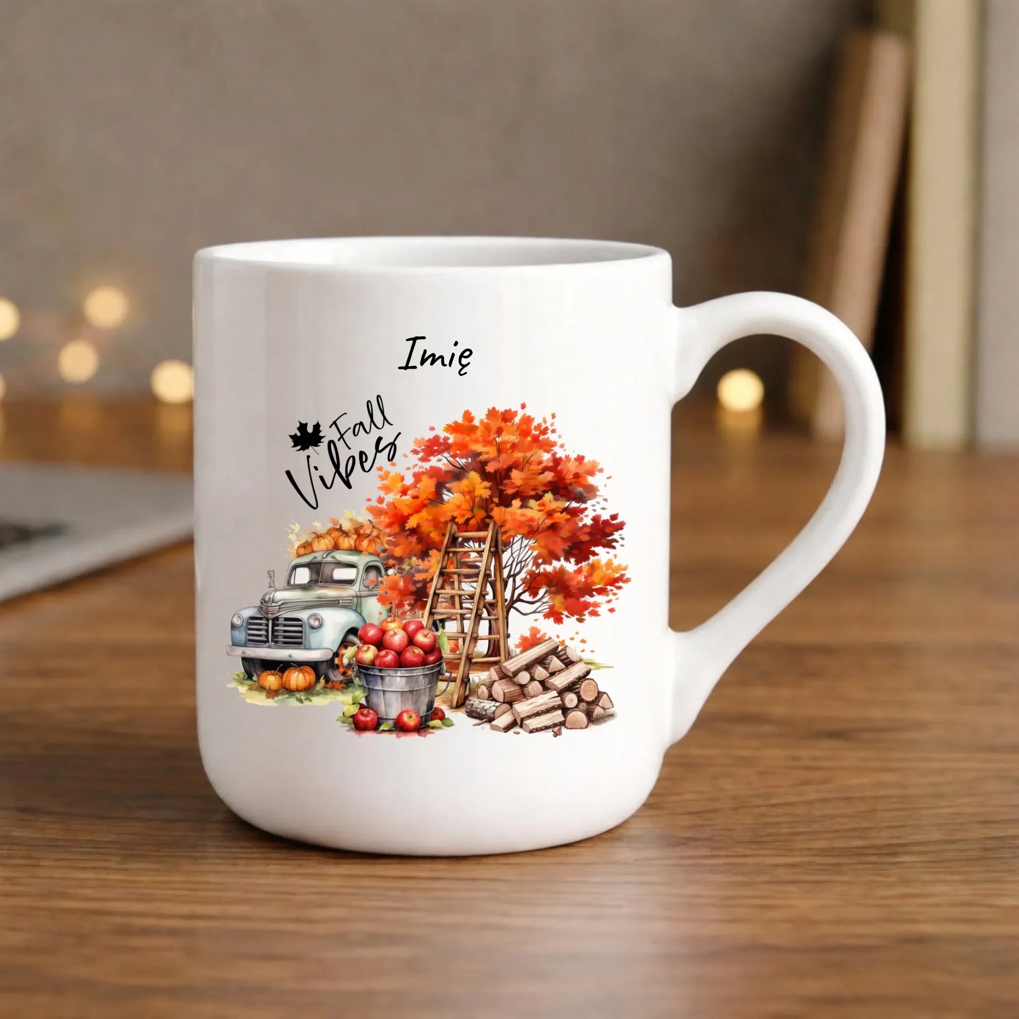 Kubek elegant jesienny – Vintage auto dynie i jabłka – personalizowany JS07 - StoryCups.pl