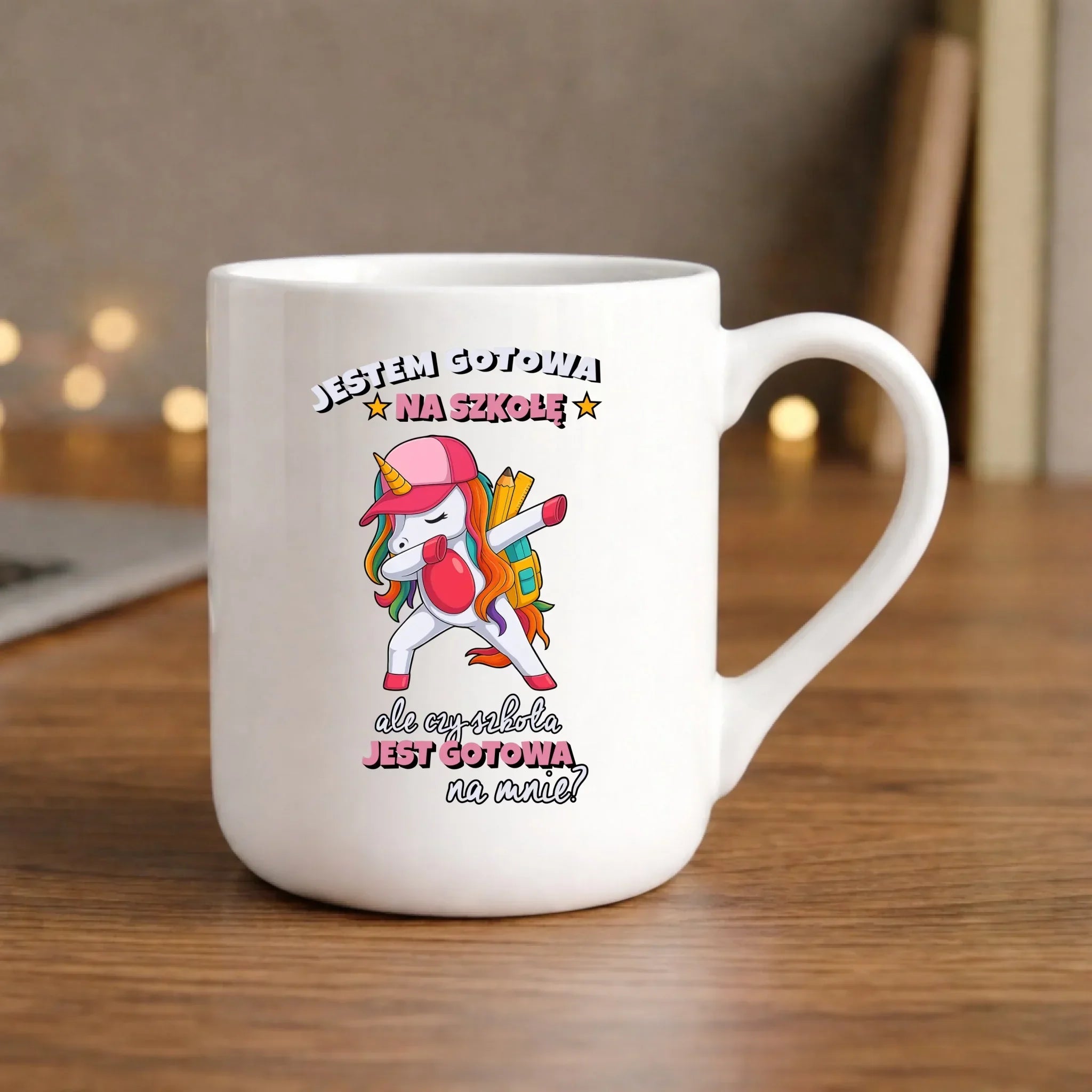 Kubek elegant z jednorożcem Jestem gotowa na szkołę SZ04 - StoryCups.pl