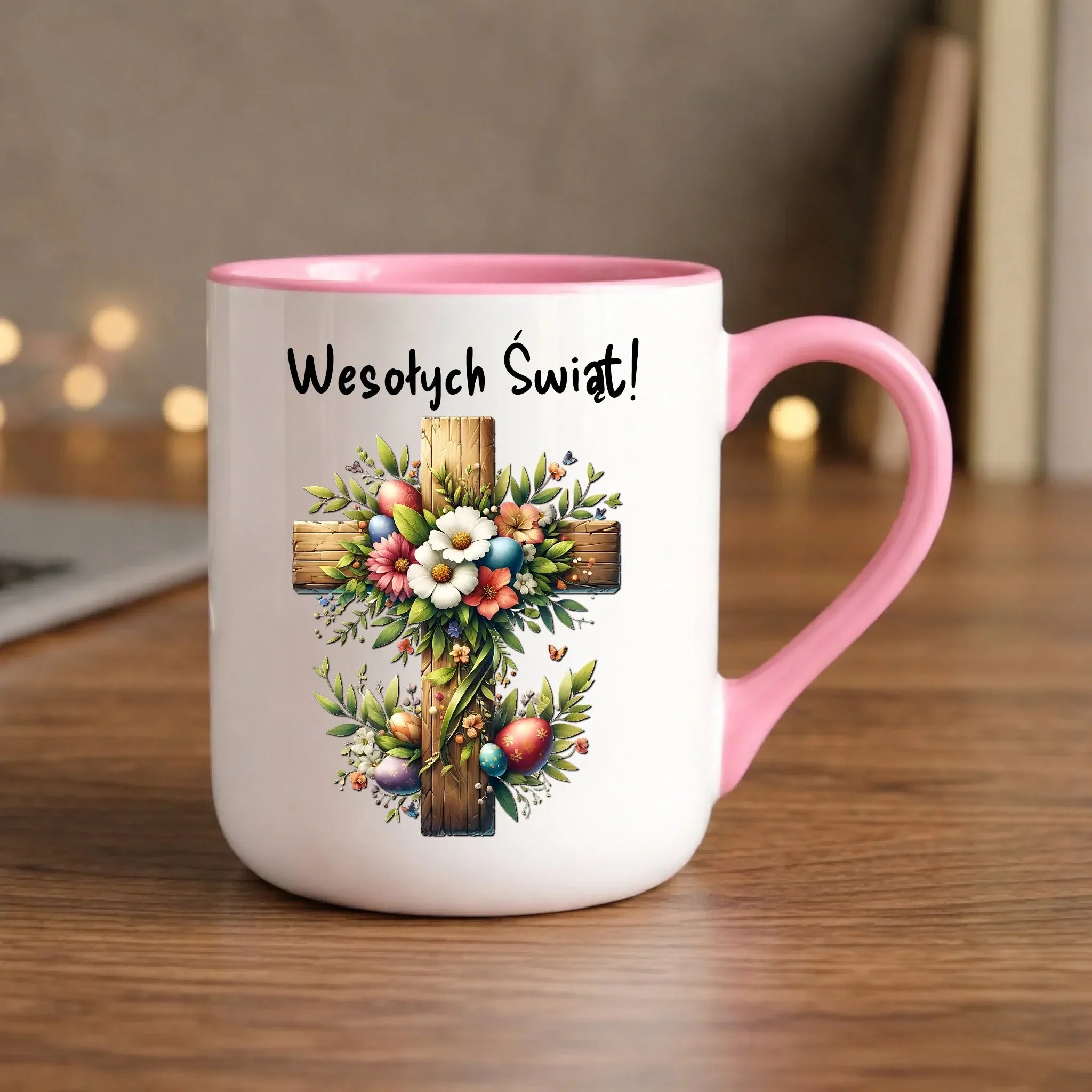 Kubek elegant na Wielkanoc - Krzyż z kwiatami Wesołych Świąt WN02 - StoryCups.pl