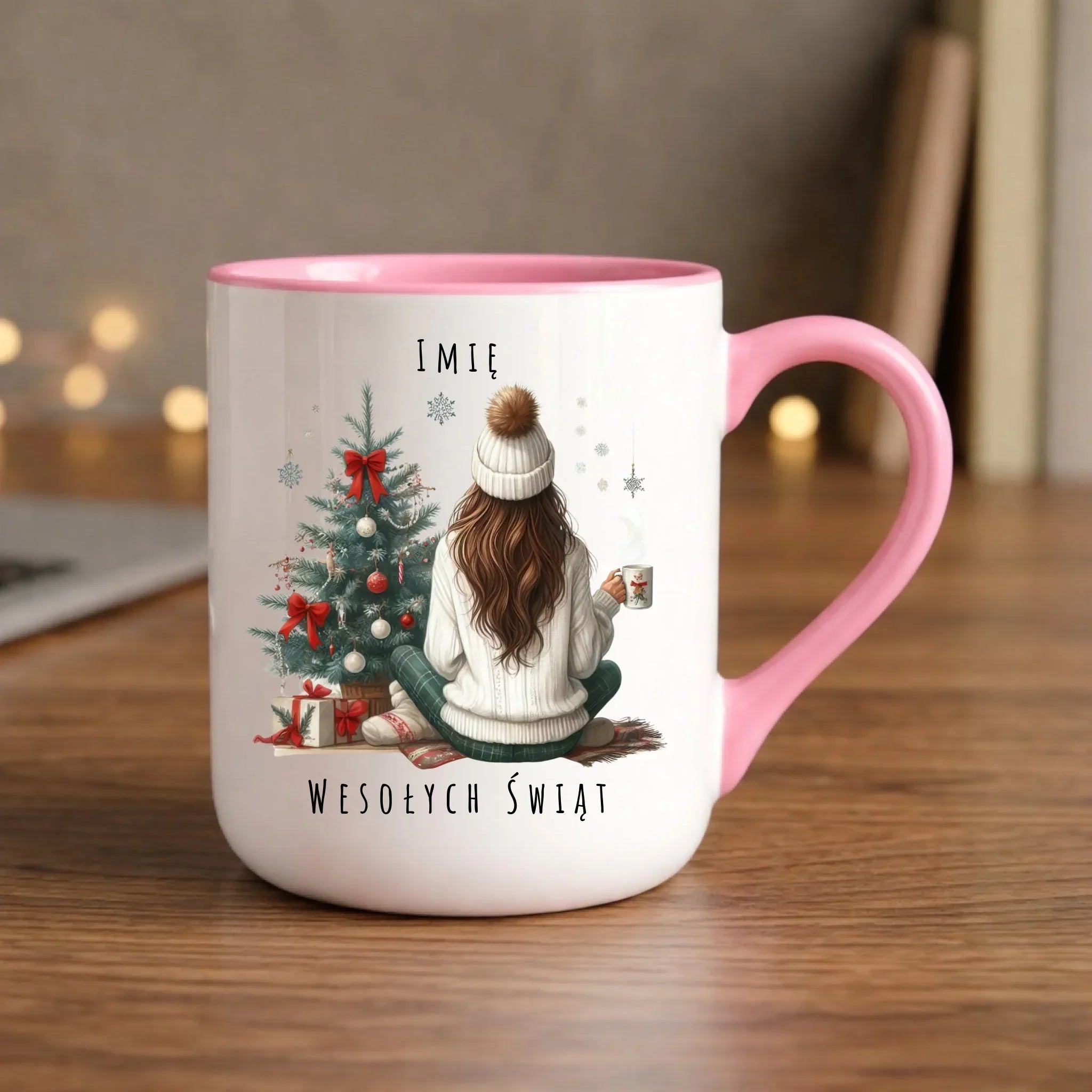 Kubek elegant świąteczny - Dziewczyna przy choince - personalizowany BN15 - StoryCups.pl
