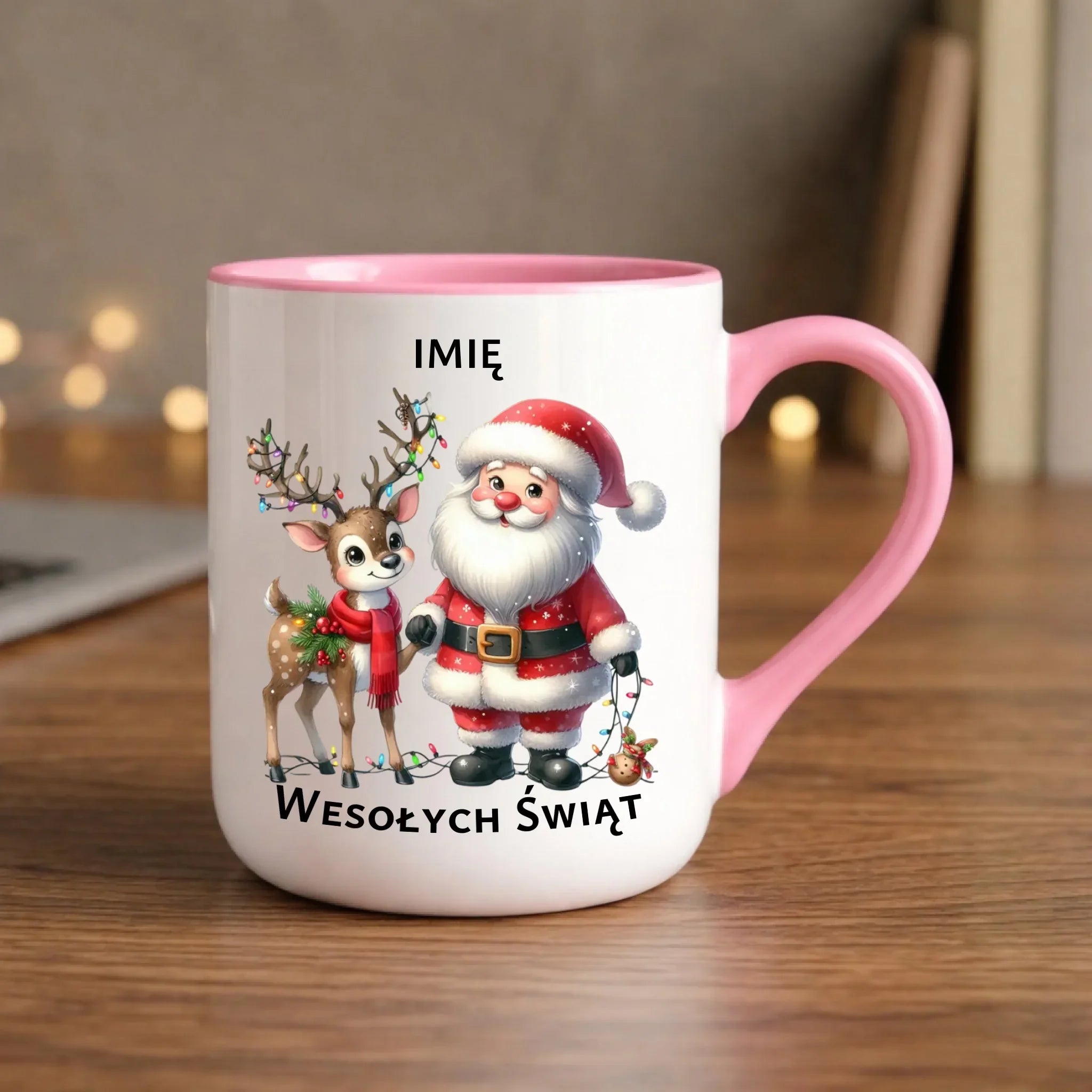 Kubek elegant świąteczny - Mikołaj z reniferem - personalizowany BN09 - StoryCups.pl