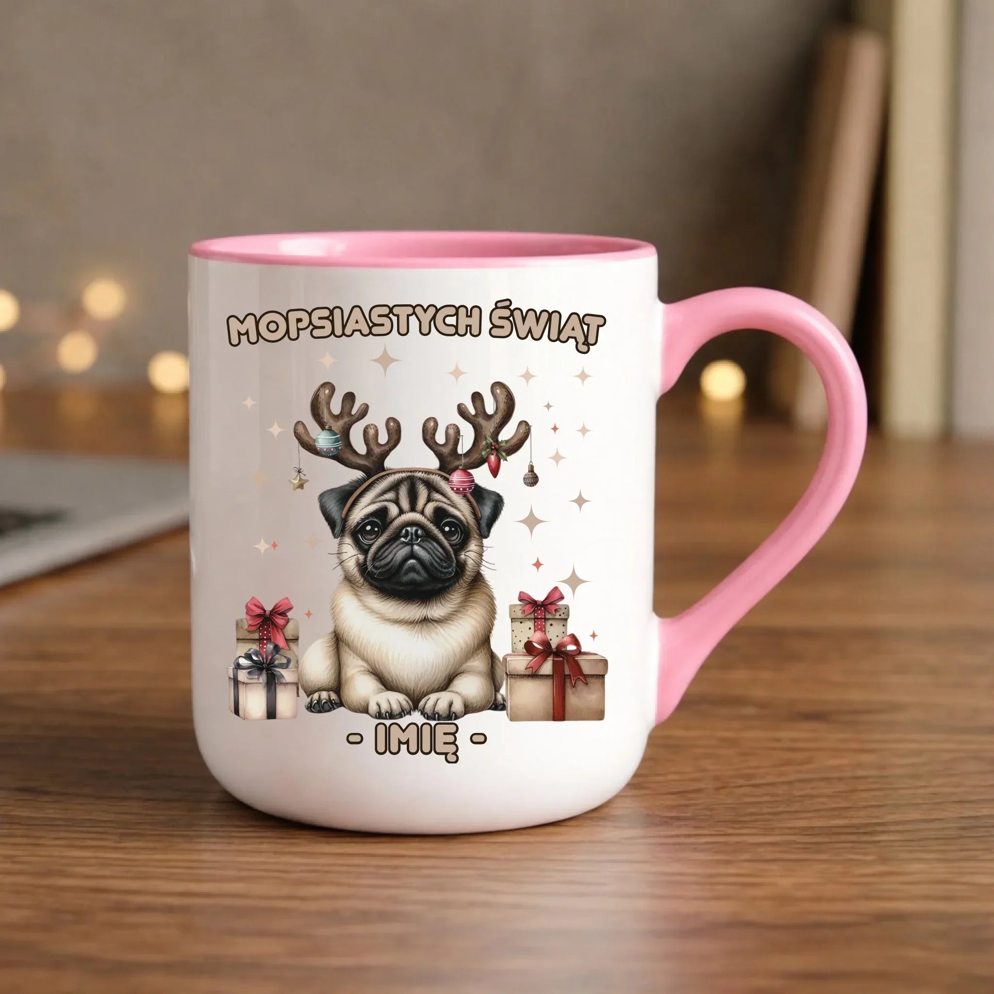 Kubek elegant świąteczny - Mops Mopsiastych świąt - personalizowany BN91 - StoryCups.pl