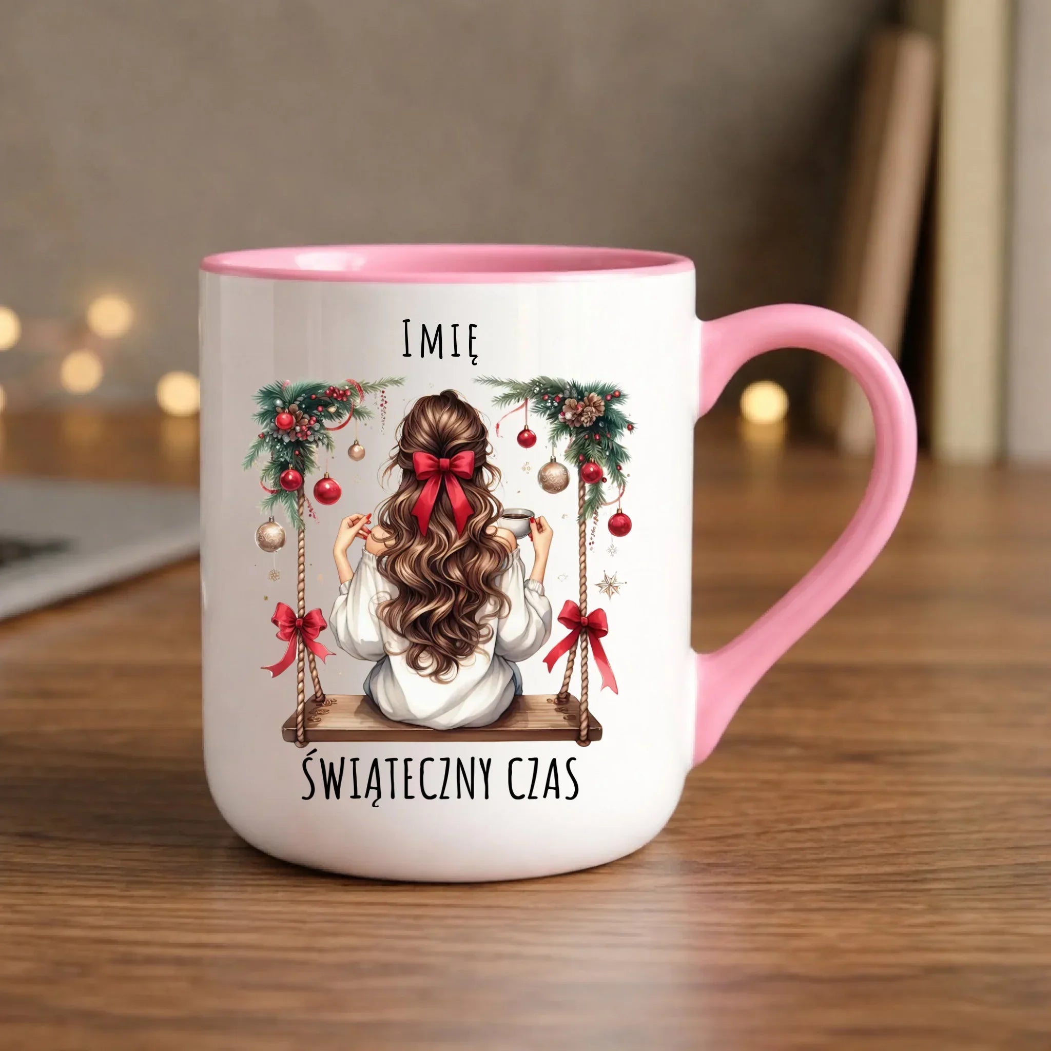 Kubek elegant świąteczny - Dziewczyna na huśtawce - Świąteczny czas - personalizowany BN105 - StoryCups.pl