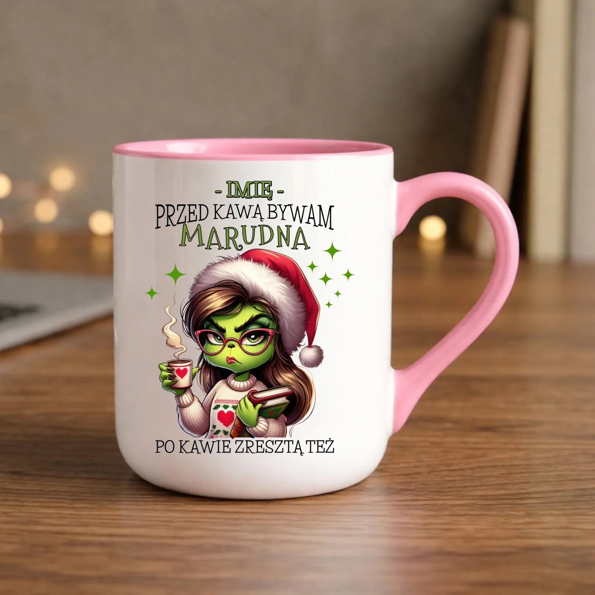 Kubek elegant świąteczny - Grinch - Przed kawą bywam marudna - personalizowany BN116 - StoryCups.pl