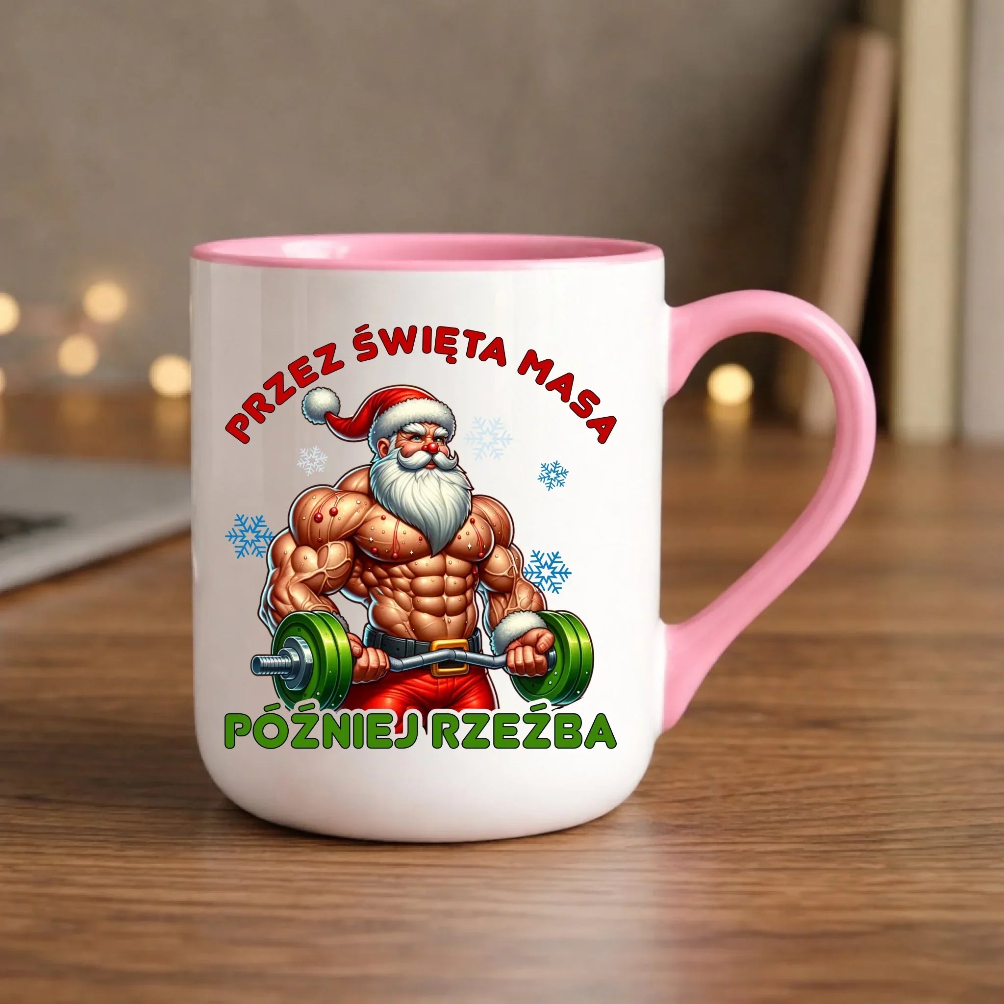 Kubek elegant świąteczny - Mikołaj na siłowni - Przez święta masa, później rzeźba BN139 - StoryCups.pl