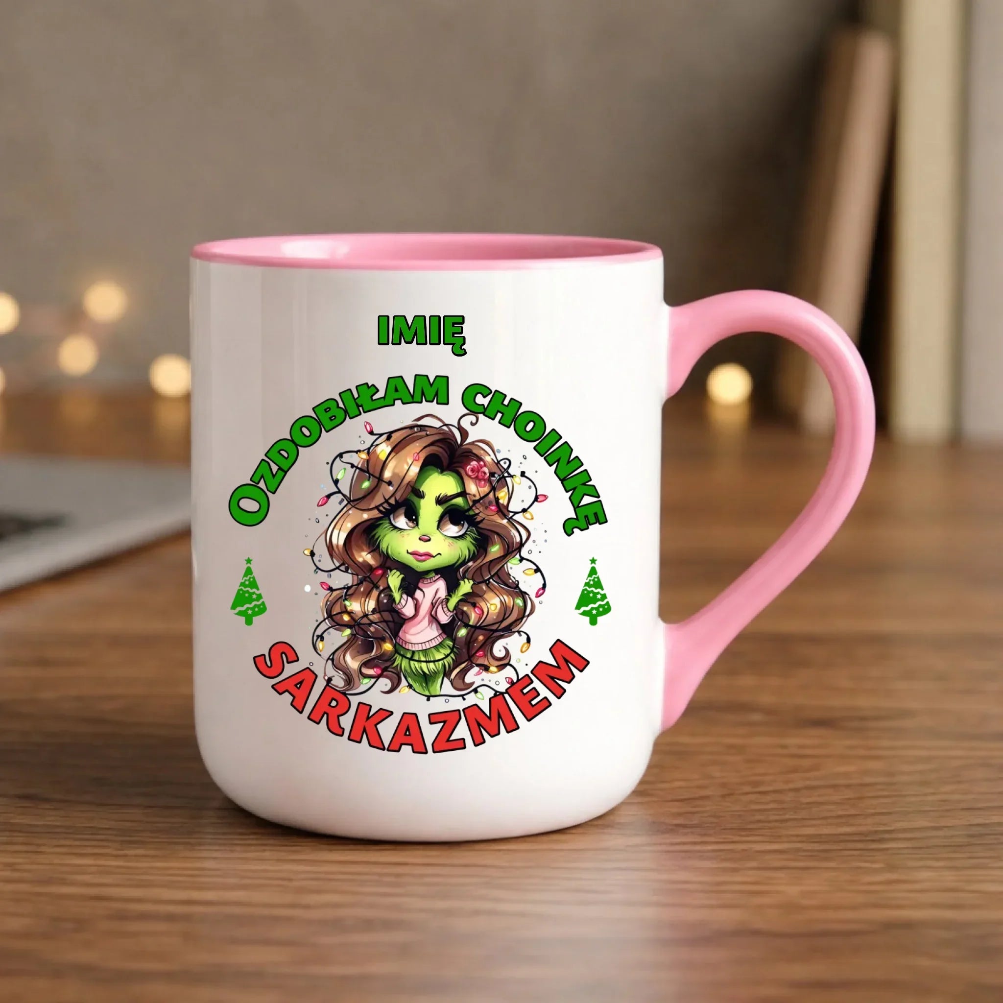 Kubek elegant świąteczny - Grinch - Ozdobiłam choinkę sarkazmem - personalizowany BN115 - StoryCups.pl