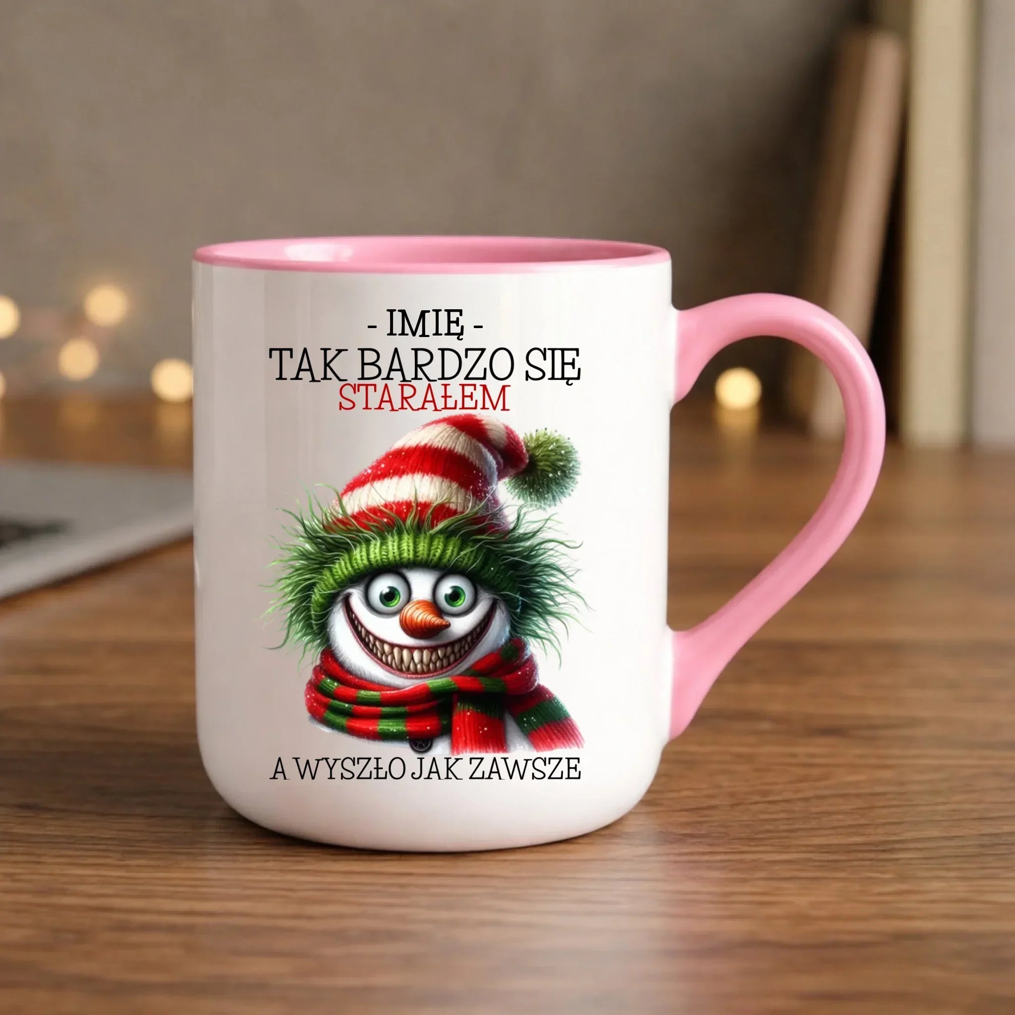 Kubek elegant świąteczny z bałwanem - Tak bardzo się starałem - personalizowany BN120 - StoryCups.pl