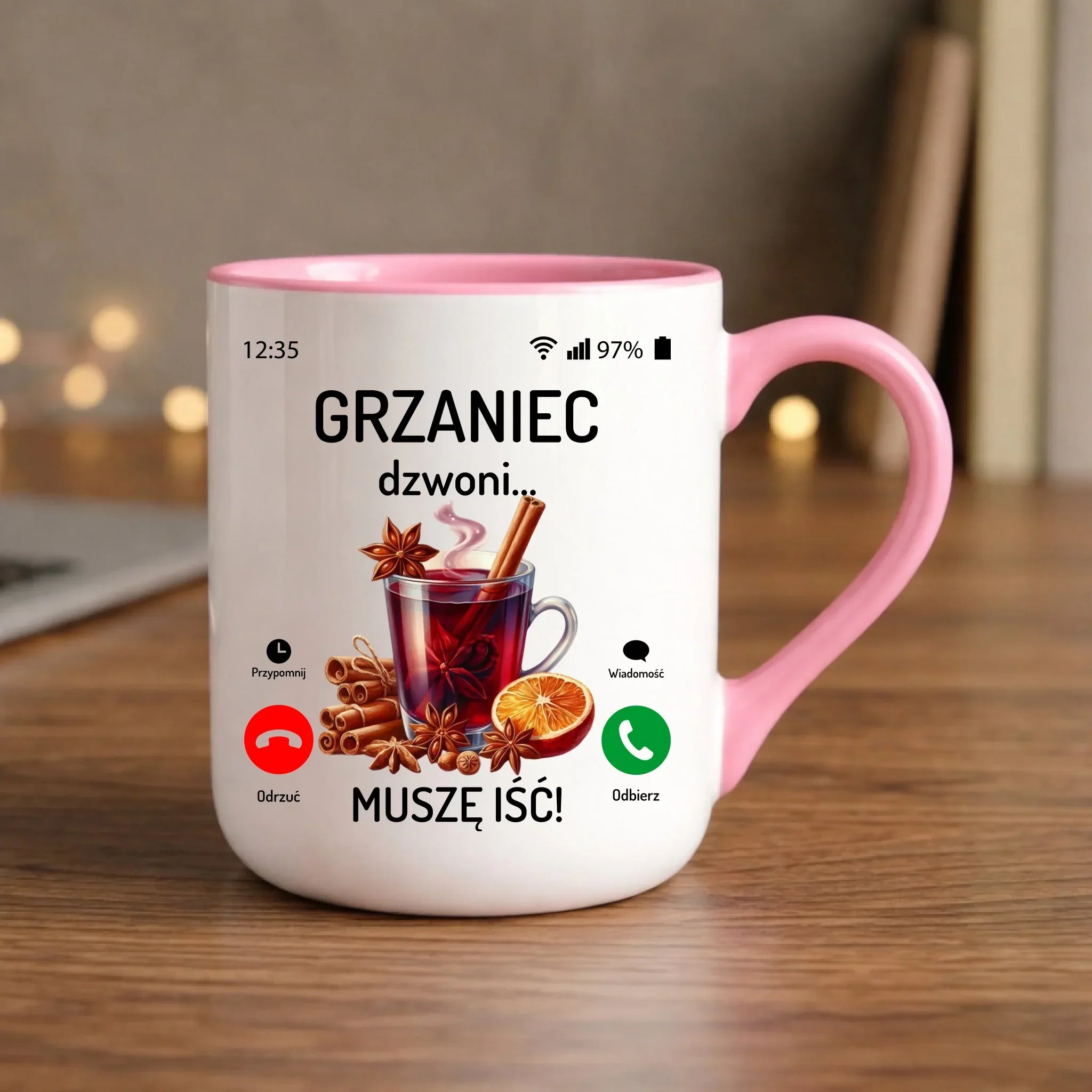 Kubek elegant świąteczny - Grzaniec dzwoni, muszę iść BN127 - StoryCups.pl