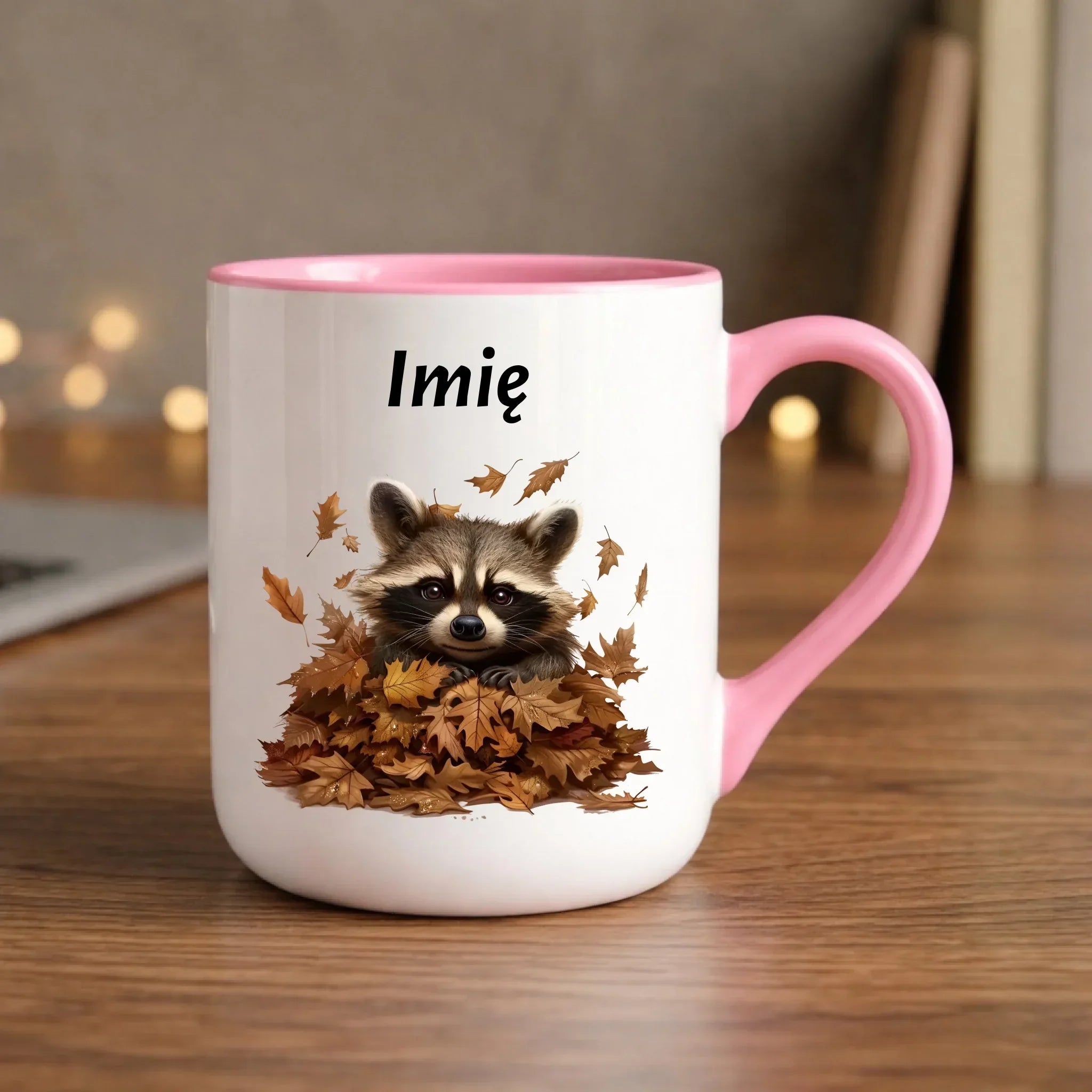 Kubek elegant jesienny - Szop w liściach - personalizowany JS24 - StoryCups.pl