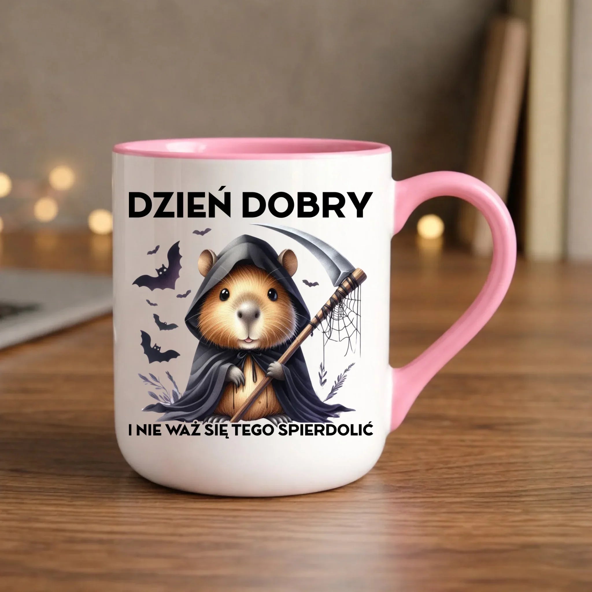 Kubek elegant halloweenowy - Kapibara Żniwiarz - Dzień dobry - bez cenzury HL20 - StoryCups.pl