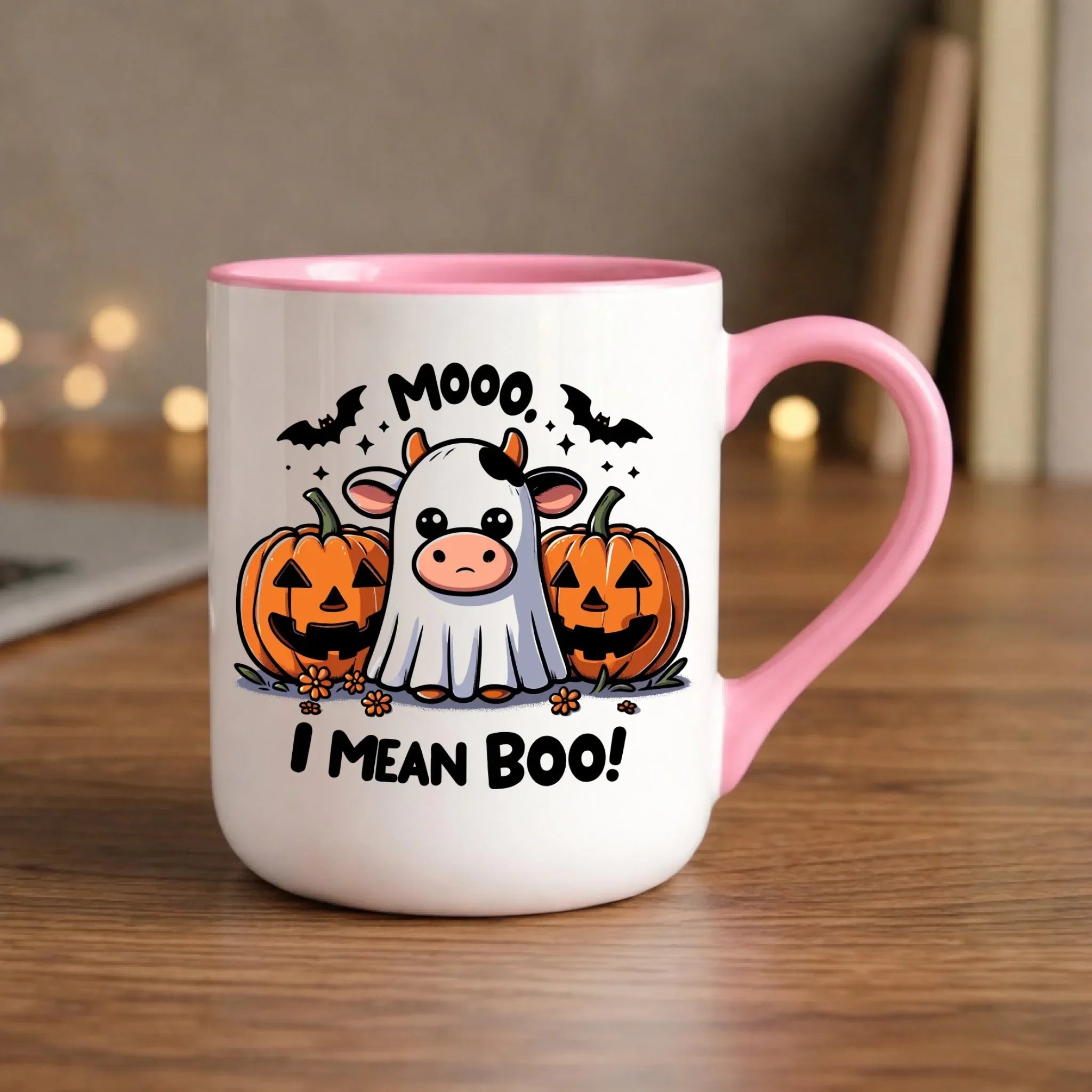 Kubek elegant na Halloween - Mooo I mean Boo! - z dynią i duchem HL14 - StoryCups.pl