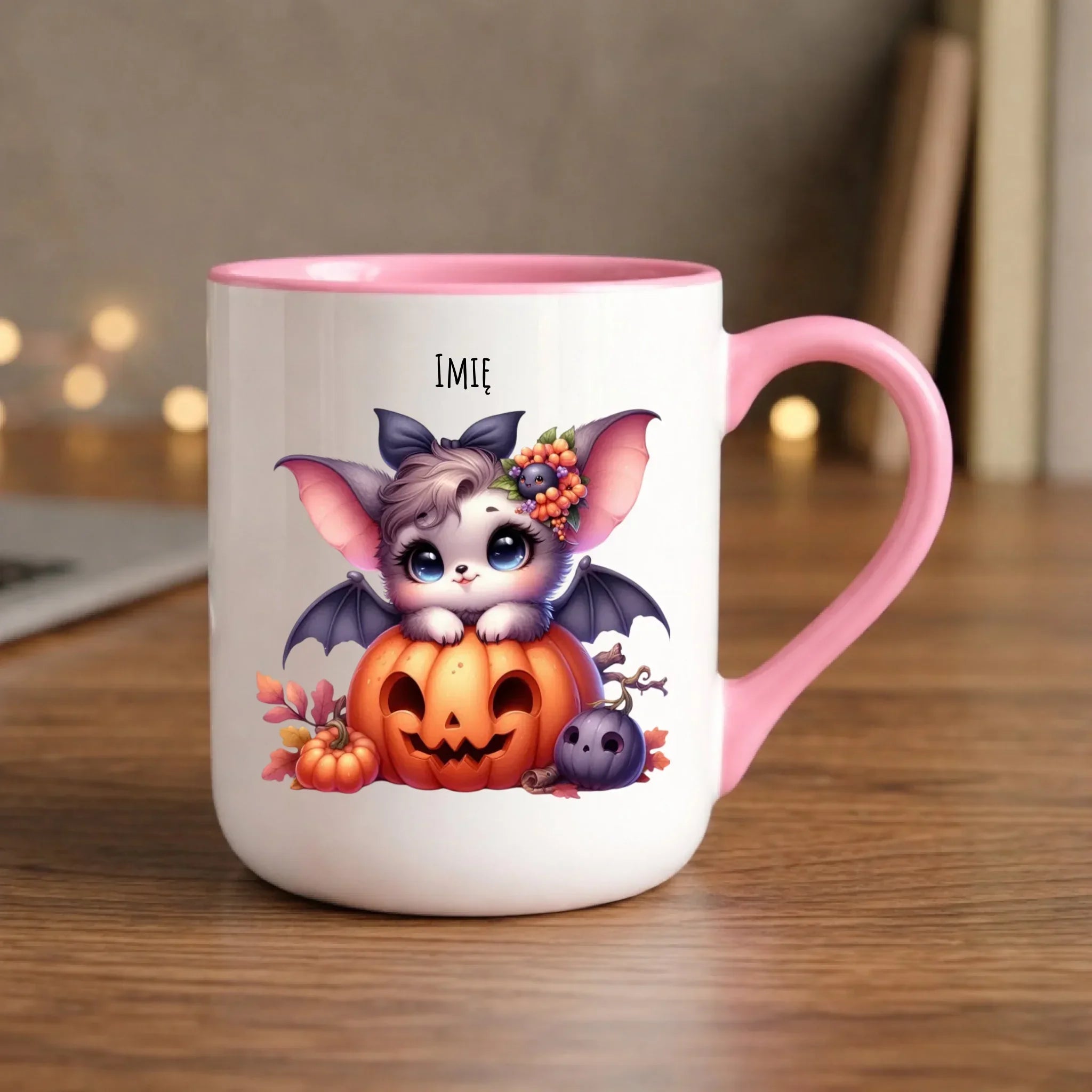 Kubek elegant halloweenowy - Uroczy nietoperz z dynią - personalizowany HL08 - StoryCups.pl