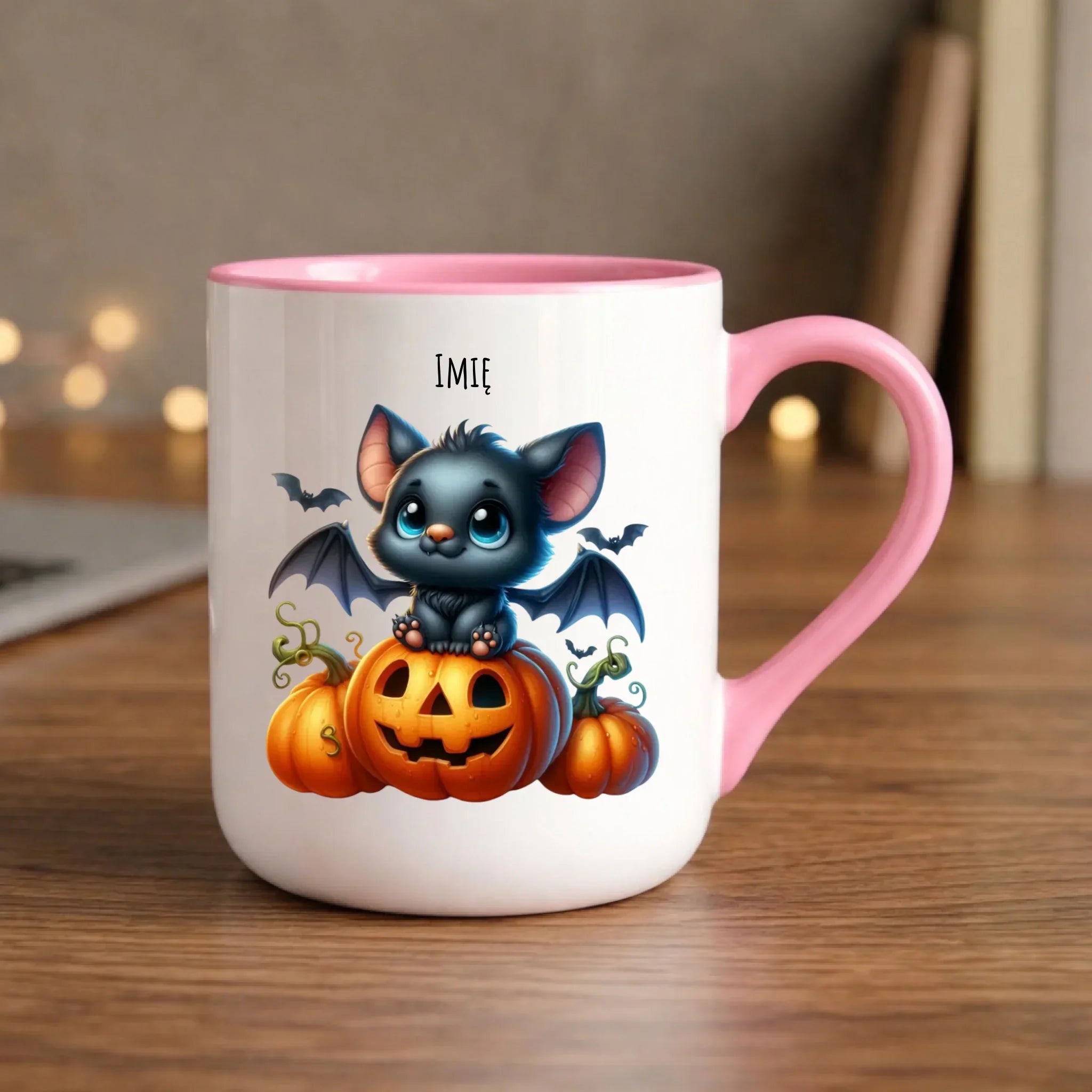 Kubek elegant na halloween - Słodki nietoperz z dynią - personalizowany HL09 - StoryCups.pl