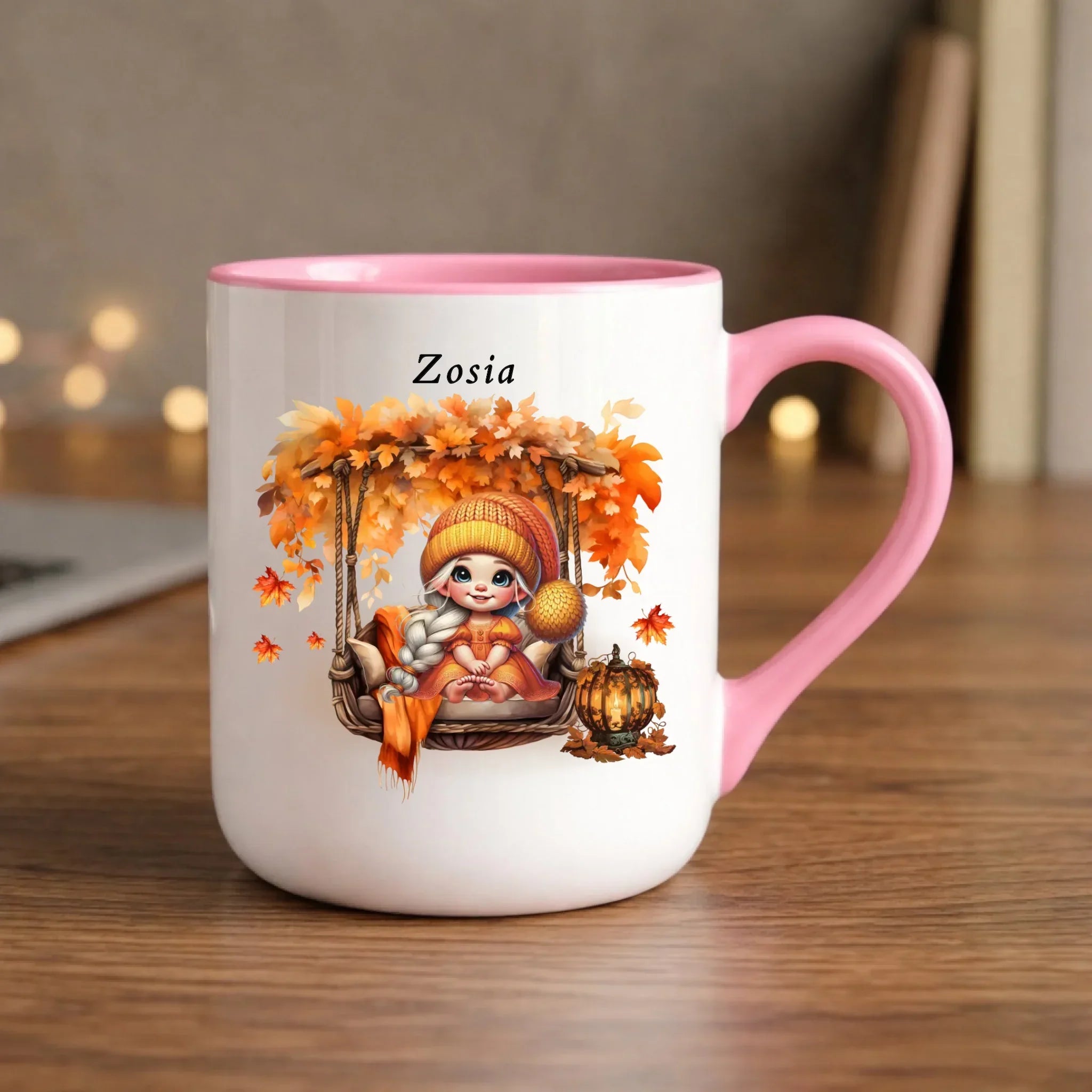 Kubek elegant jesieniara - Dziewczynka z liśćmi - personalizowany JS17 - StoryCups.pl