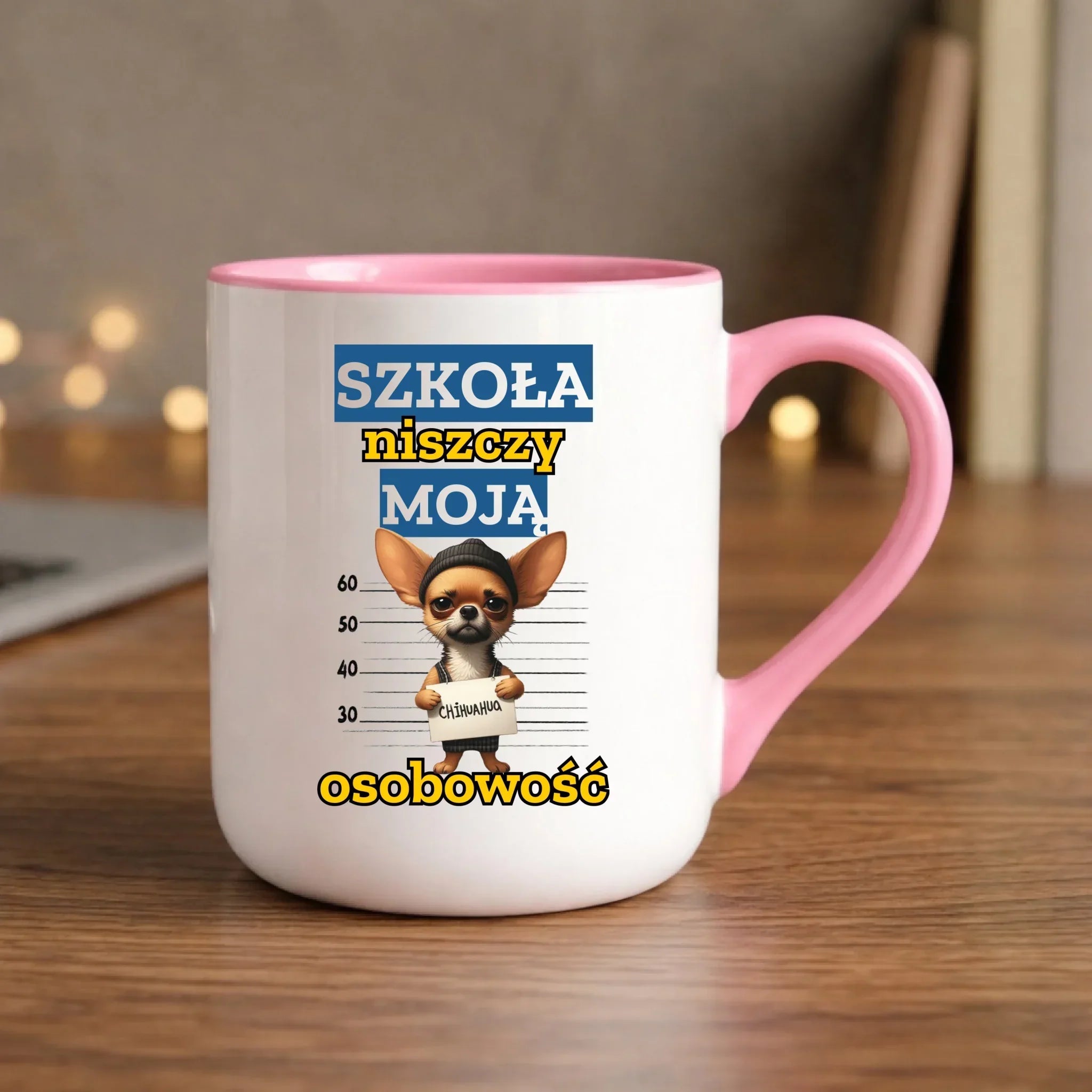 Kubek elegant szkolny - Szkoła niszczy moją osobowość - Chihuahua SZ19 - StoryCups.pl