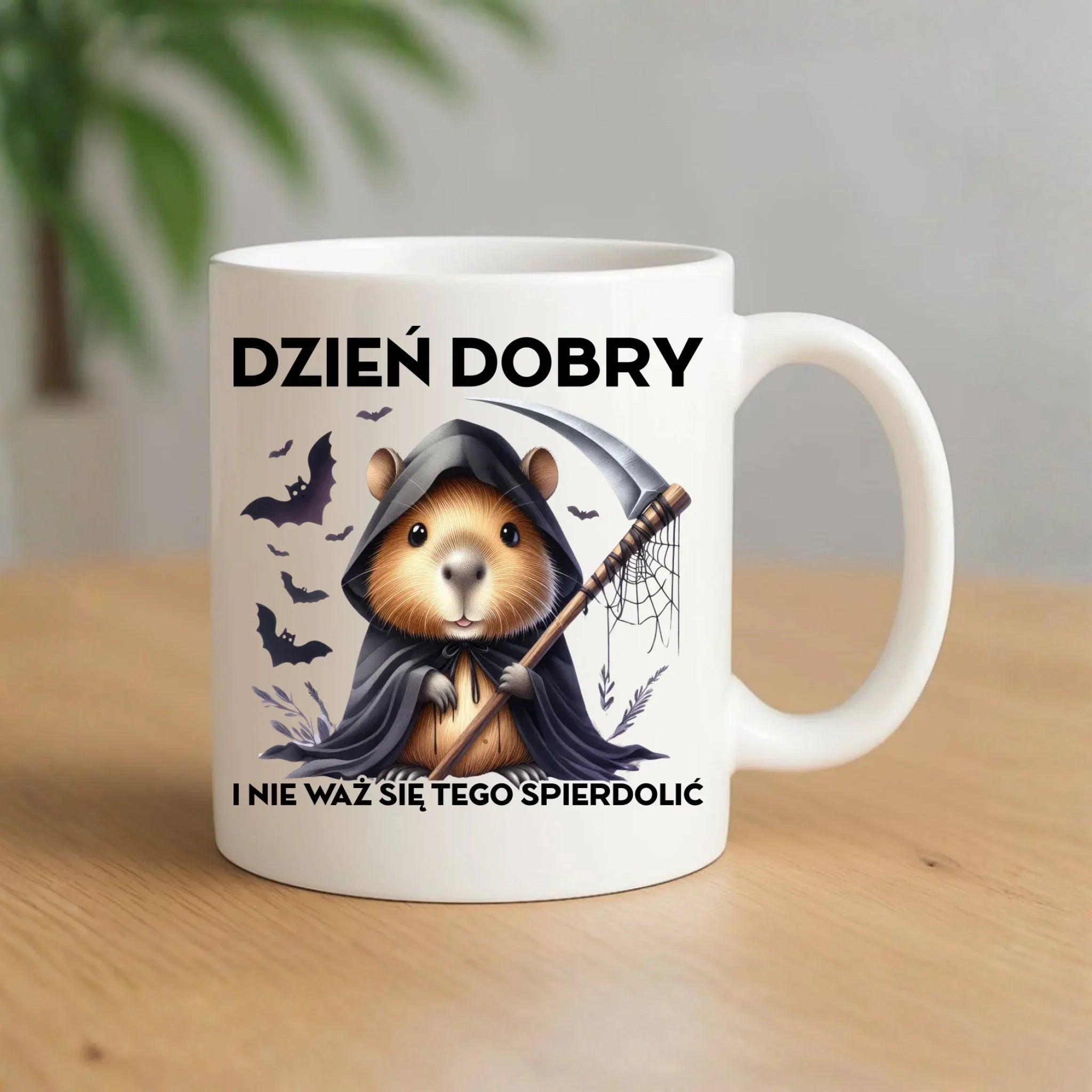 Kubek halloweenowy - Kapibara Żniwiarz - Dzień dobry - bez cenzury HL20 - StoryCups.pl