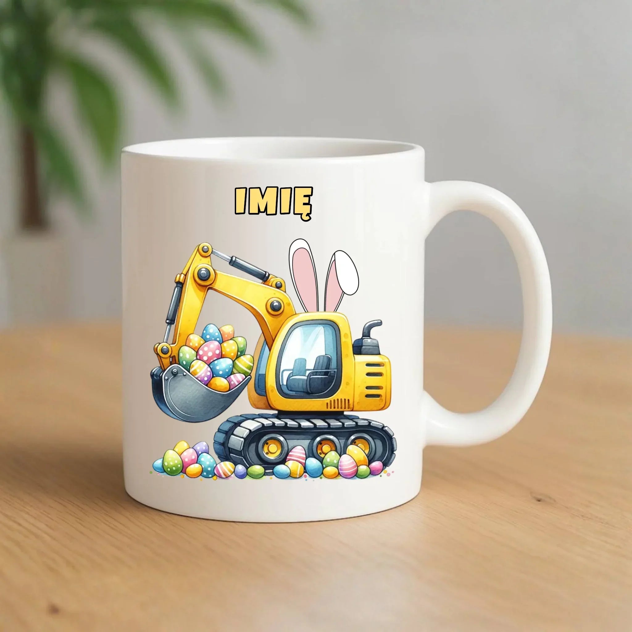 Kubek na Wielkanoc - Koparka z pisankami - personalizowany WN17 - StoryCups.pl