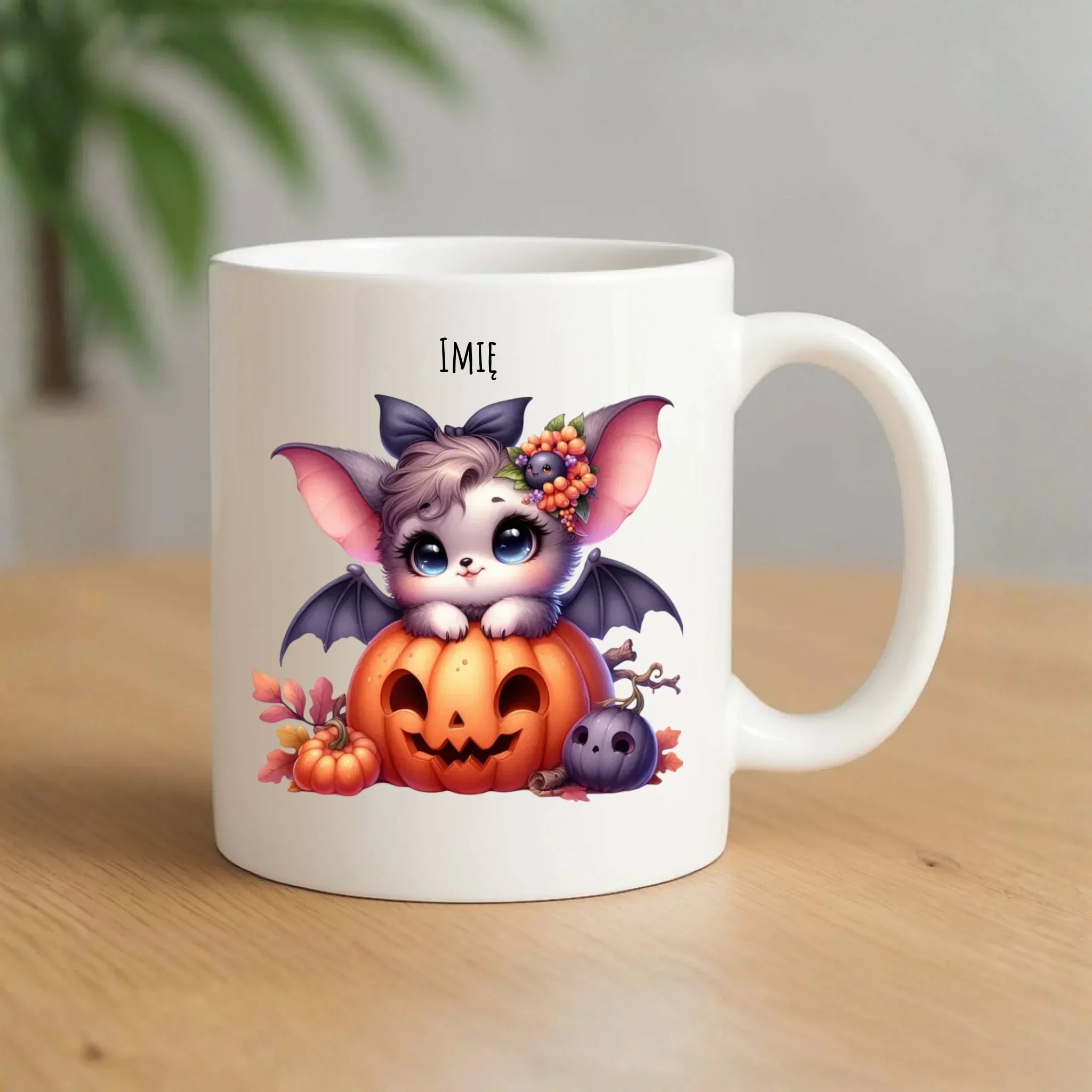 Kubek halloweenowy - Uroczy nietoperz z dynią - personalizowany HL08 - StoryCups.pl