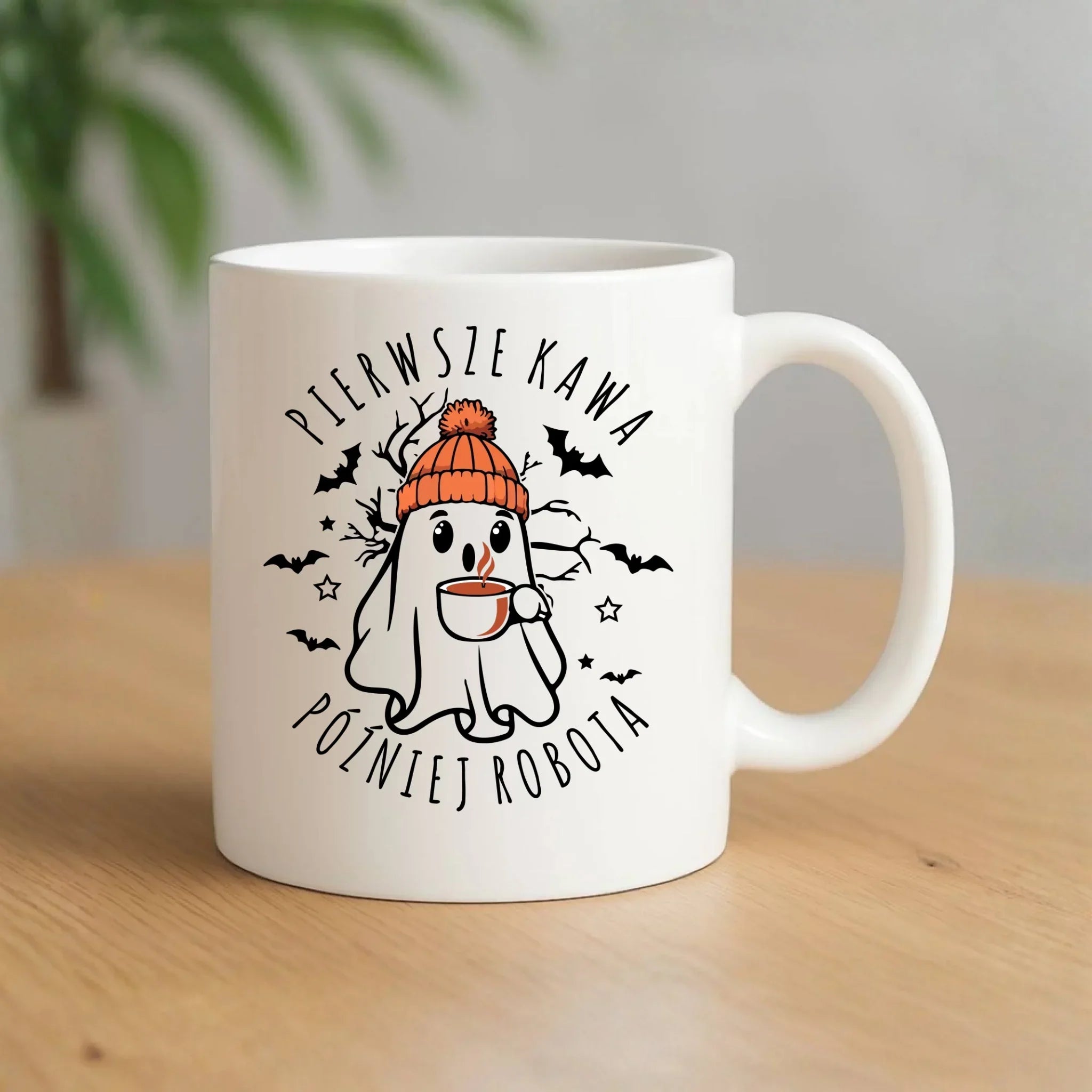 Kubek na Halloween - Duch z kawą - Pierwsze kawa później robota HL01 - StoryCups.pl
