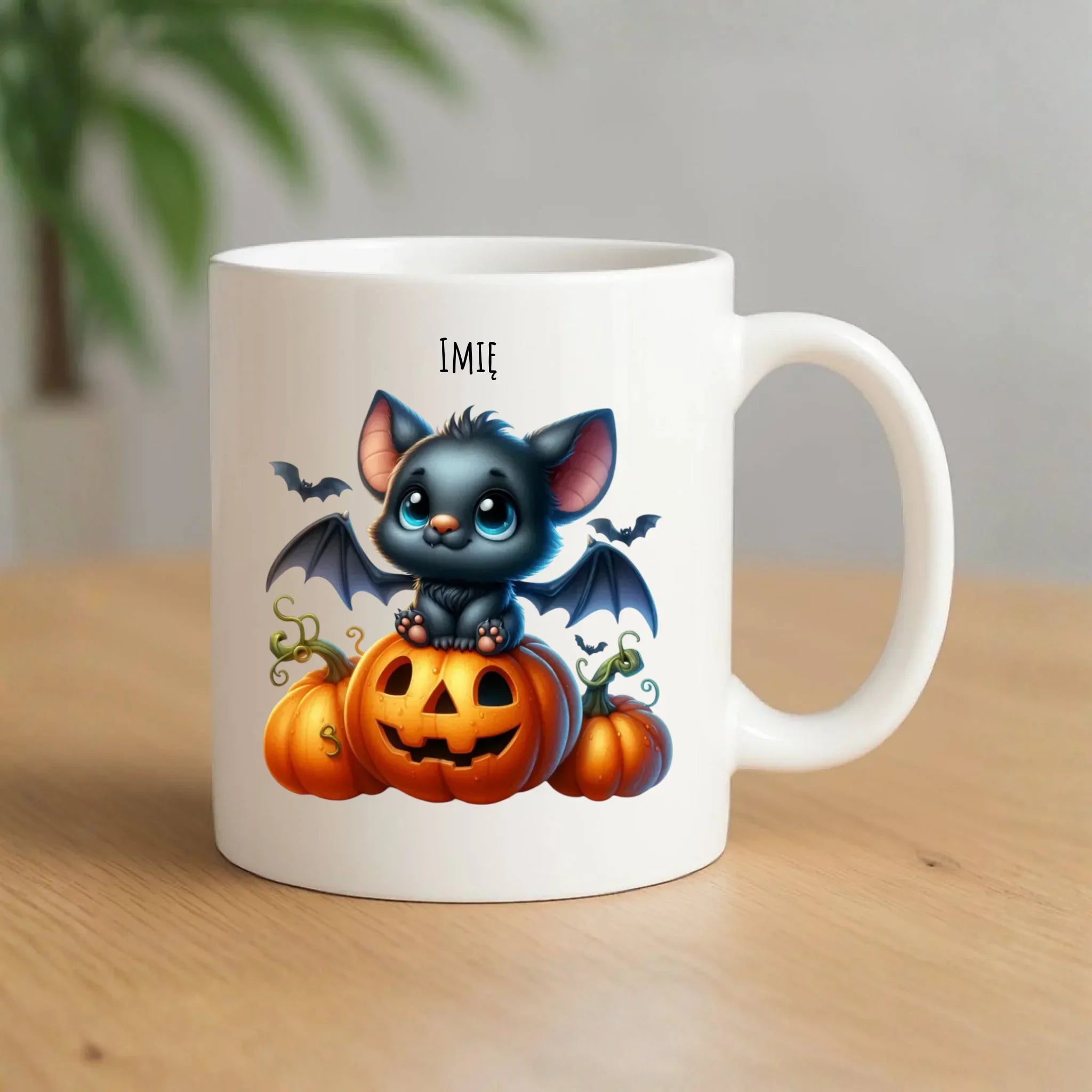 Kubek halloweenowy - Słodki nietoperz z dynią - personalizowany HL09 - StoryCups.pl
