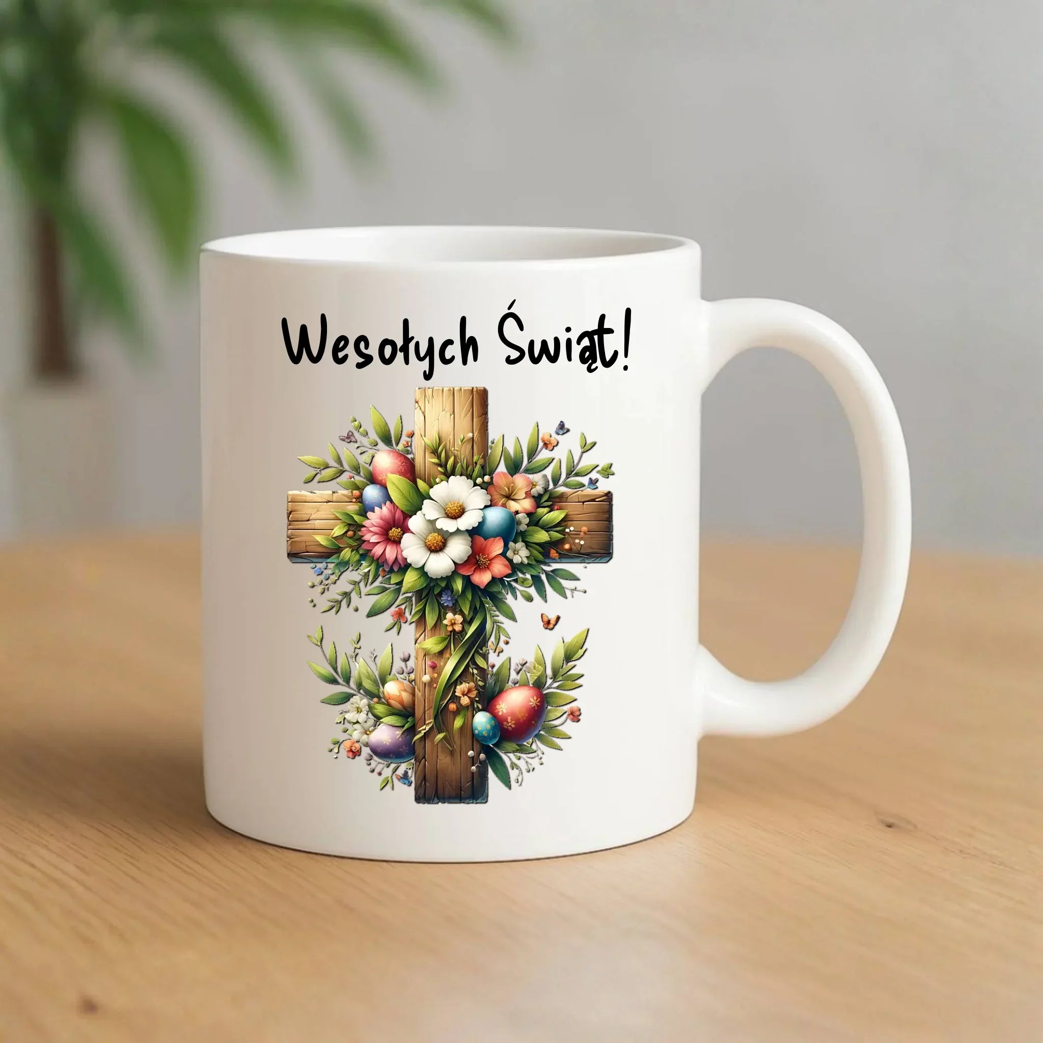 Kubek na Wielkanoc - Krzyż z kwiatami Wesołych Świąt WN02 - StoryCups.pl
