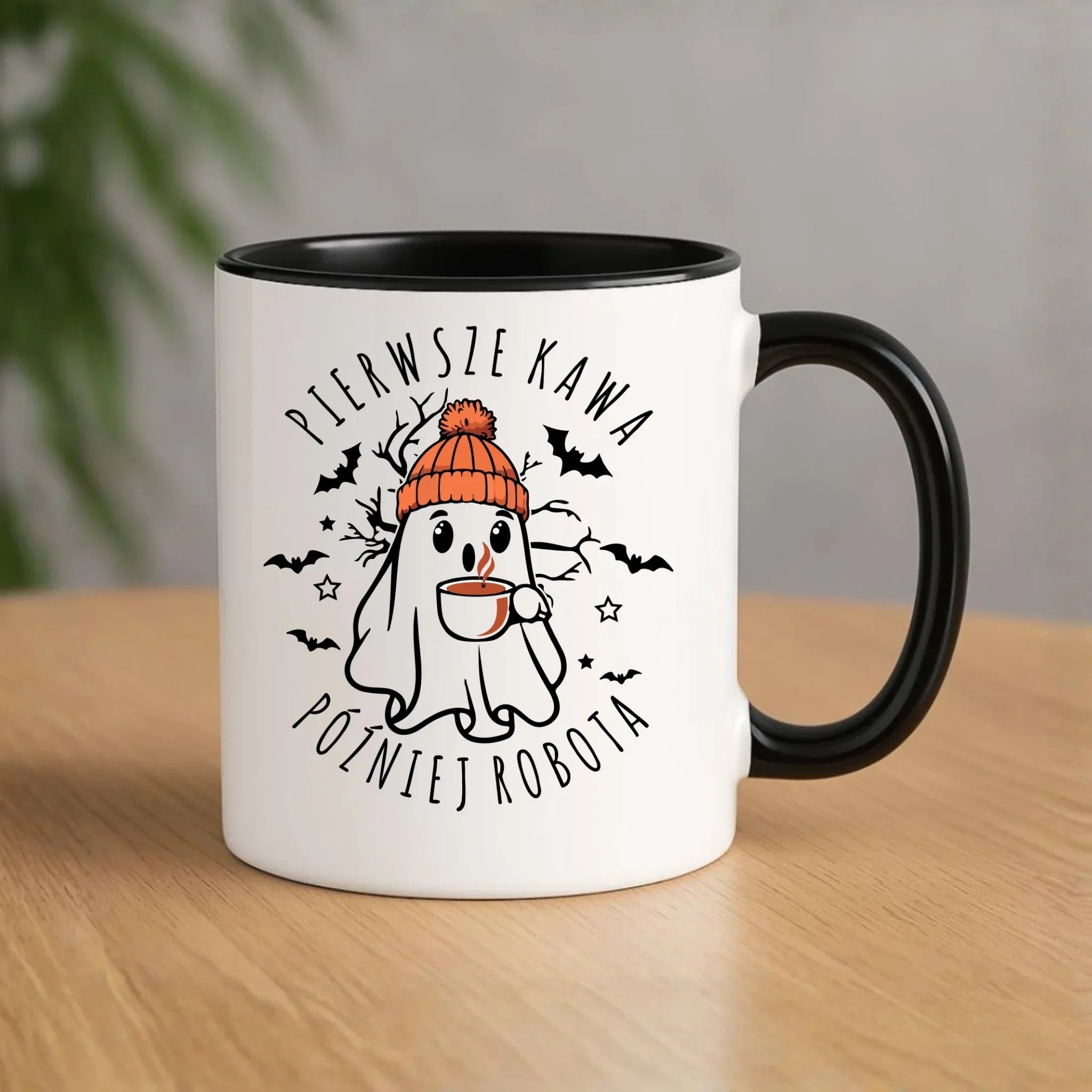 Kubek na Halloween - Duch z kawą - Pierwsze kawa później robota HL01 - StoryCups.pl