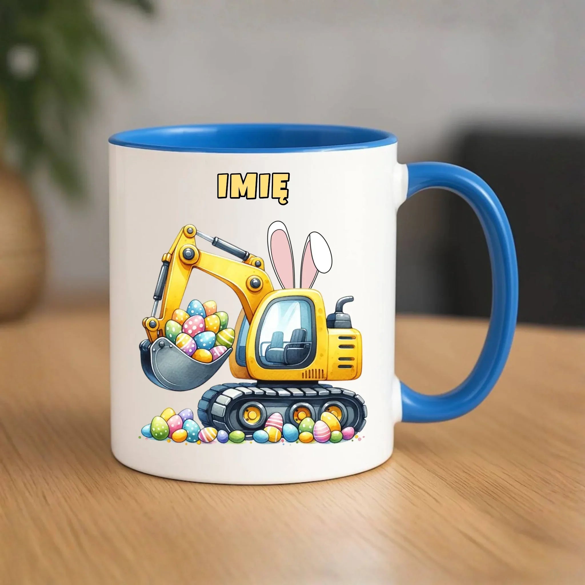Kubek na Wielkanoc - Koparka z pisankami - personalizowany WN17 - StoryCups.pl