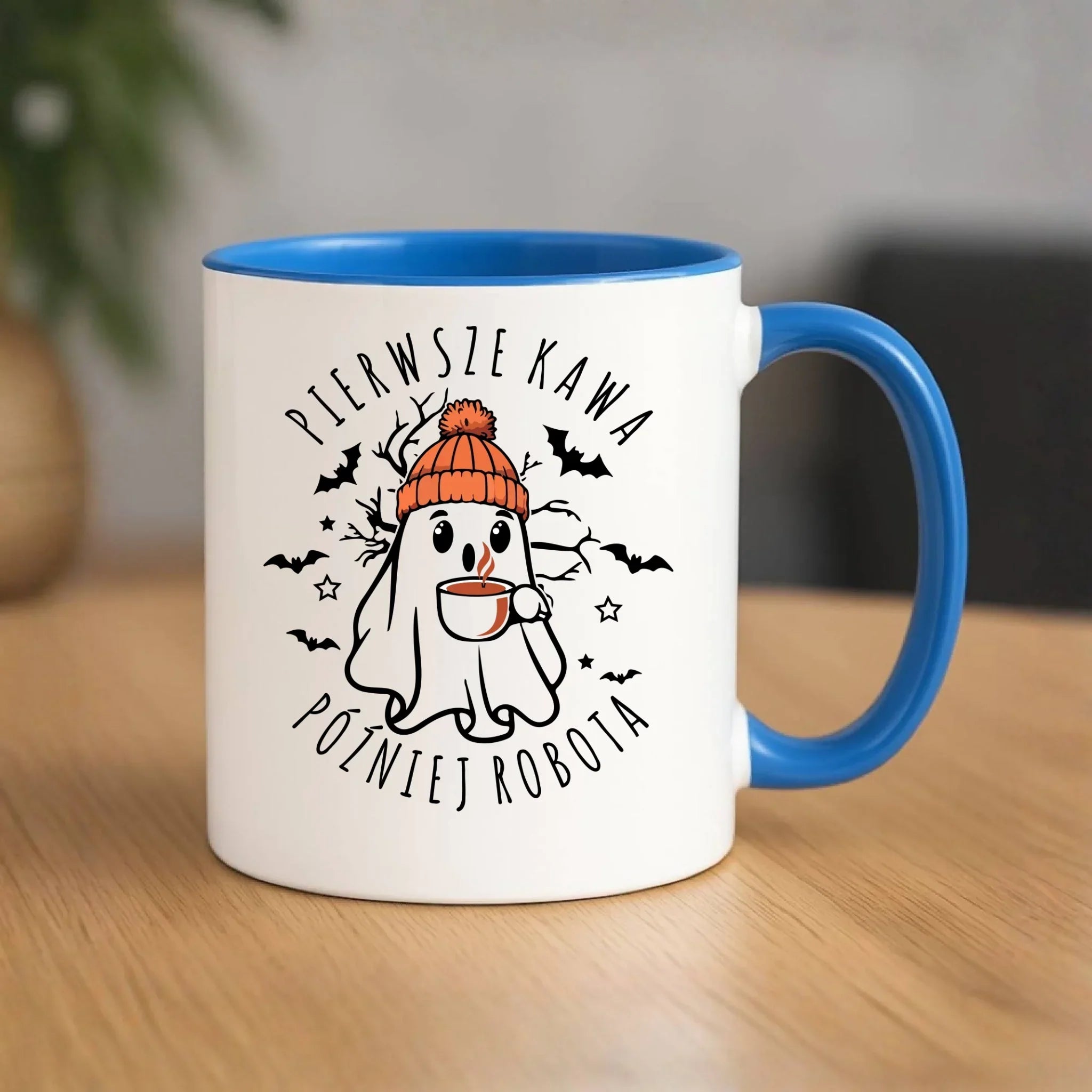 Kubek na Halloween - Duch z kawą - Pierwsze kawa później robota HL01 - StoryCups.pl