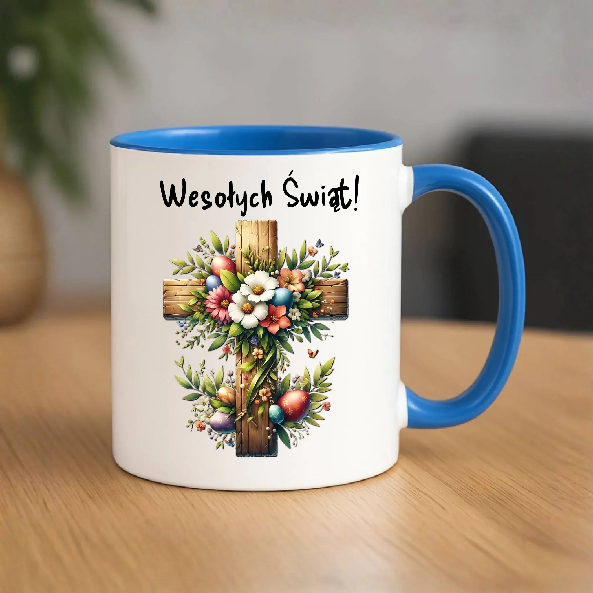 Kubek na Wielkanoc - Krzyż z kwiatami Wesołych Świąt WN02 - StoryCups.pl
