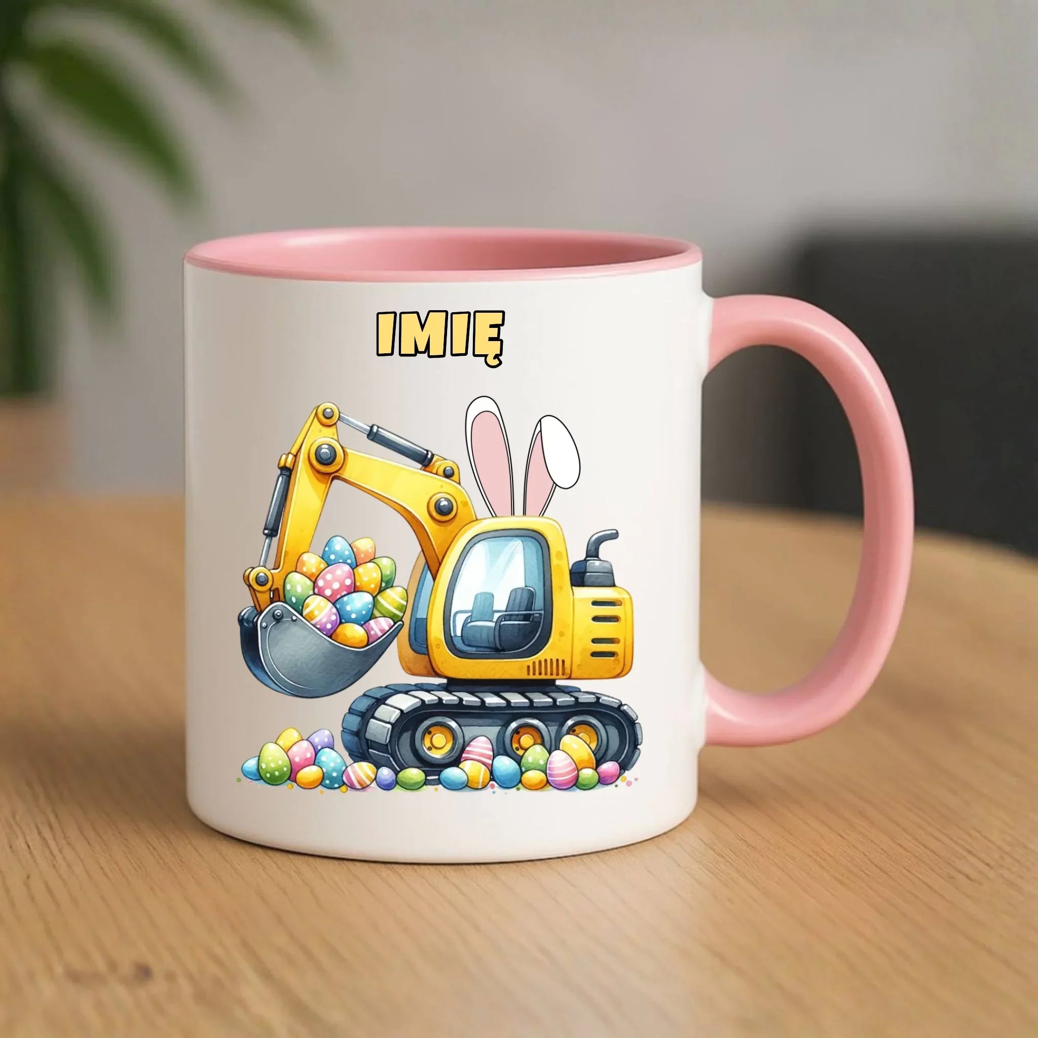 Kubek na Wielkanoc - Koparka z pisankami - personalizowany WN17 - StoryCups.pl
