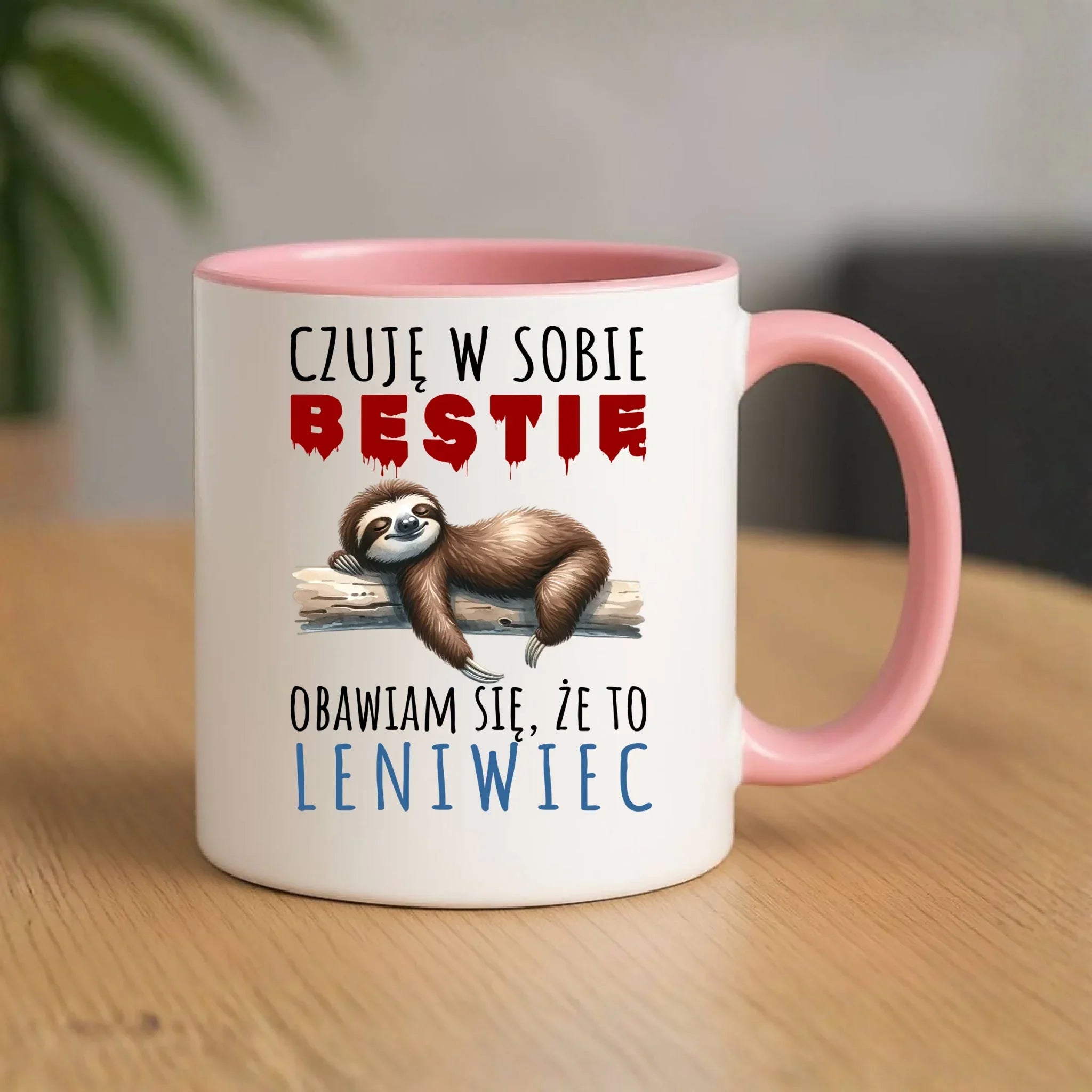 Śmieszny kubek z nadrukiem – Czuję w sobie bestię, obawiam się że to leniwiec – prezent DCH26 - StoryCups.pl
