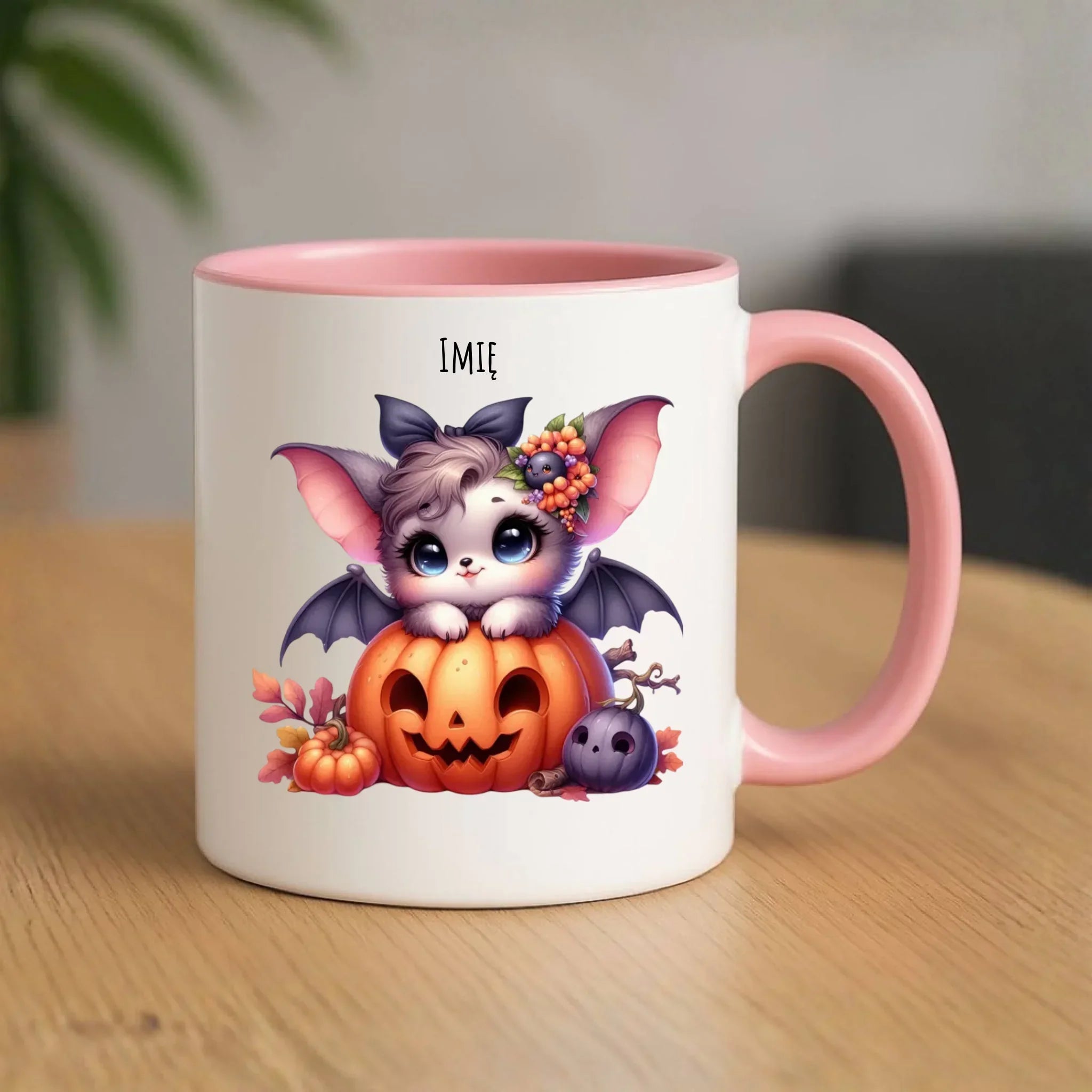 Kubek halloweenowy - Uroczy nietoperz z dynią - personalizowany HL08 - StoryCups.pl
