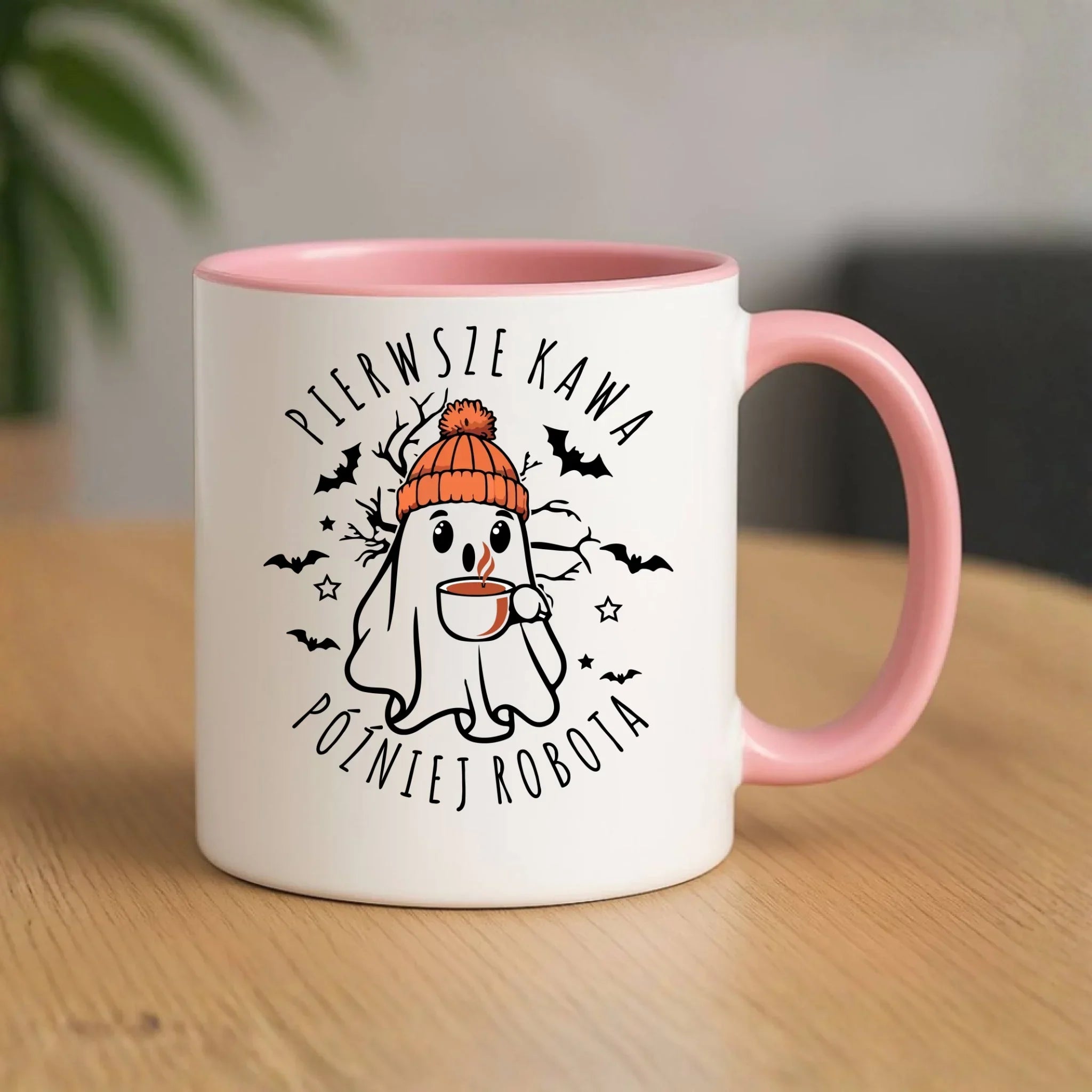 Kubek na Halloween - Duch z kawą - Pierwsze kawa później robota HL01 - StoryCups.pl