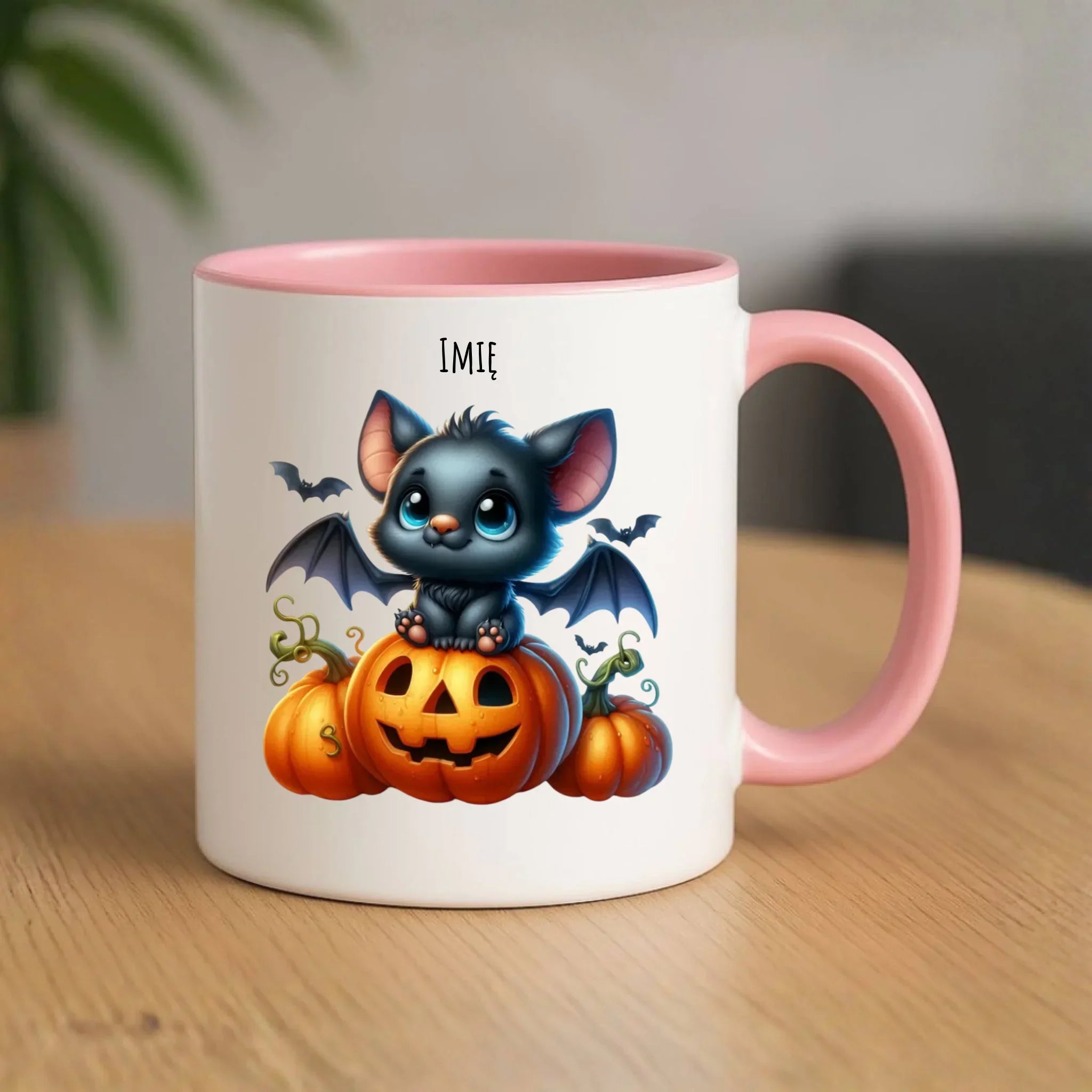 Kubek halloweenowy - Słodki nietoperz z dynią - personalizowany HL09 - StoryCups.pl