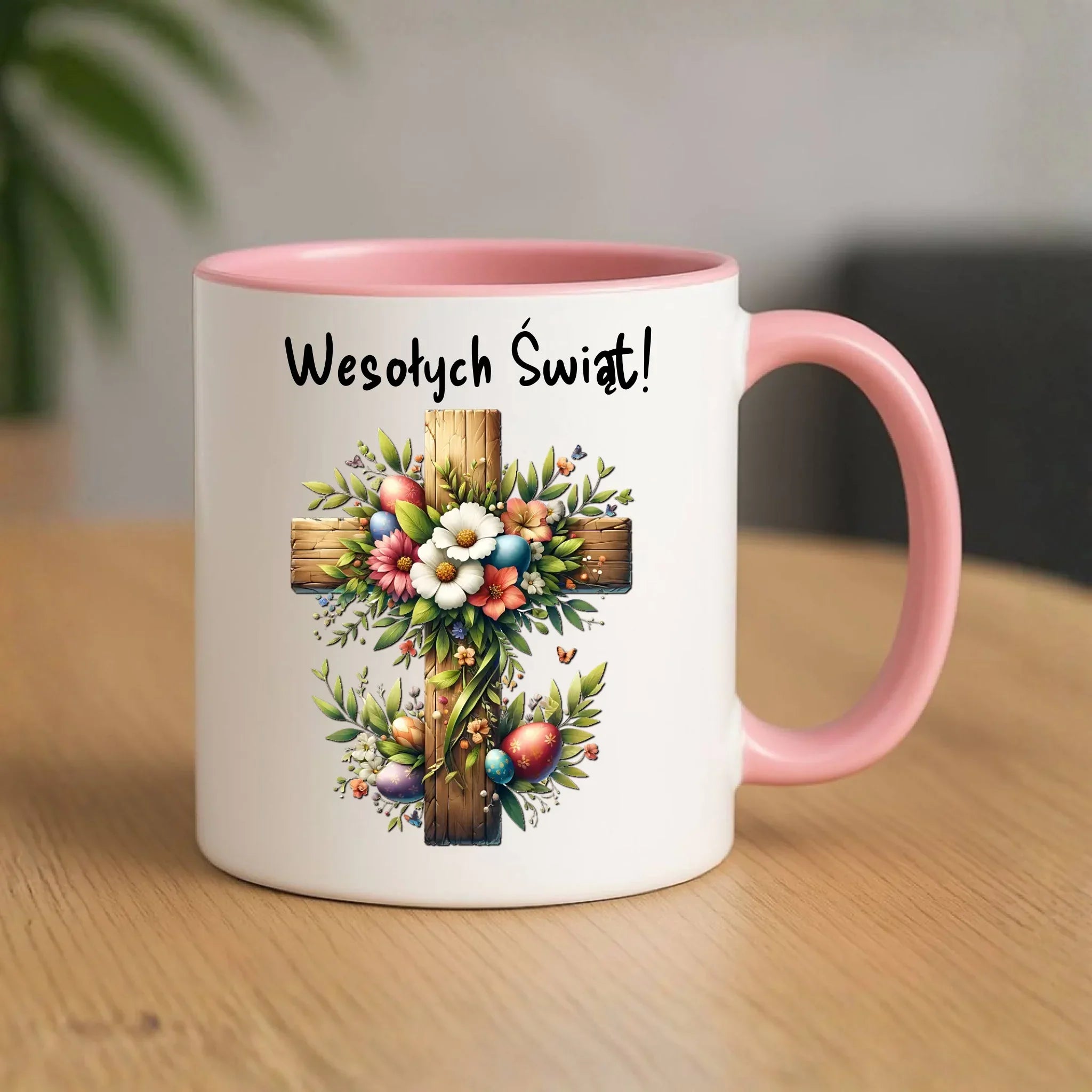 Kubek na Wielkanoc - Krzyż z kwiatami Wesołych Świąt WN02 - StoryCups.pl