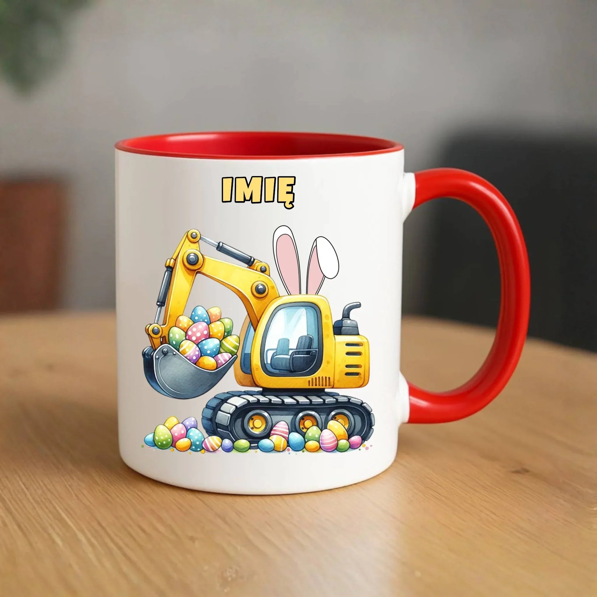 Kubek na Wielkanoc - Koparka z pisankami - personalizowany WN17 - StoryCups.pl