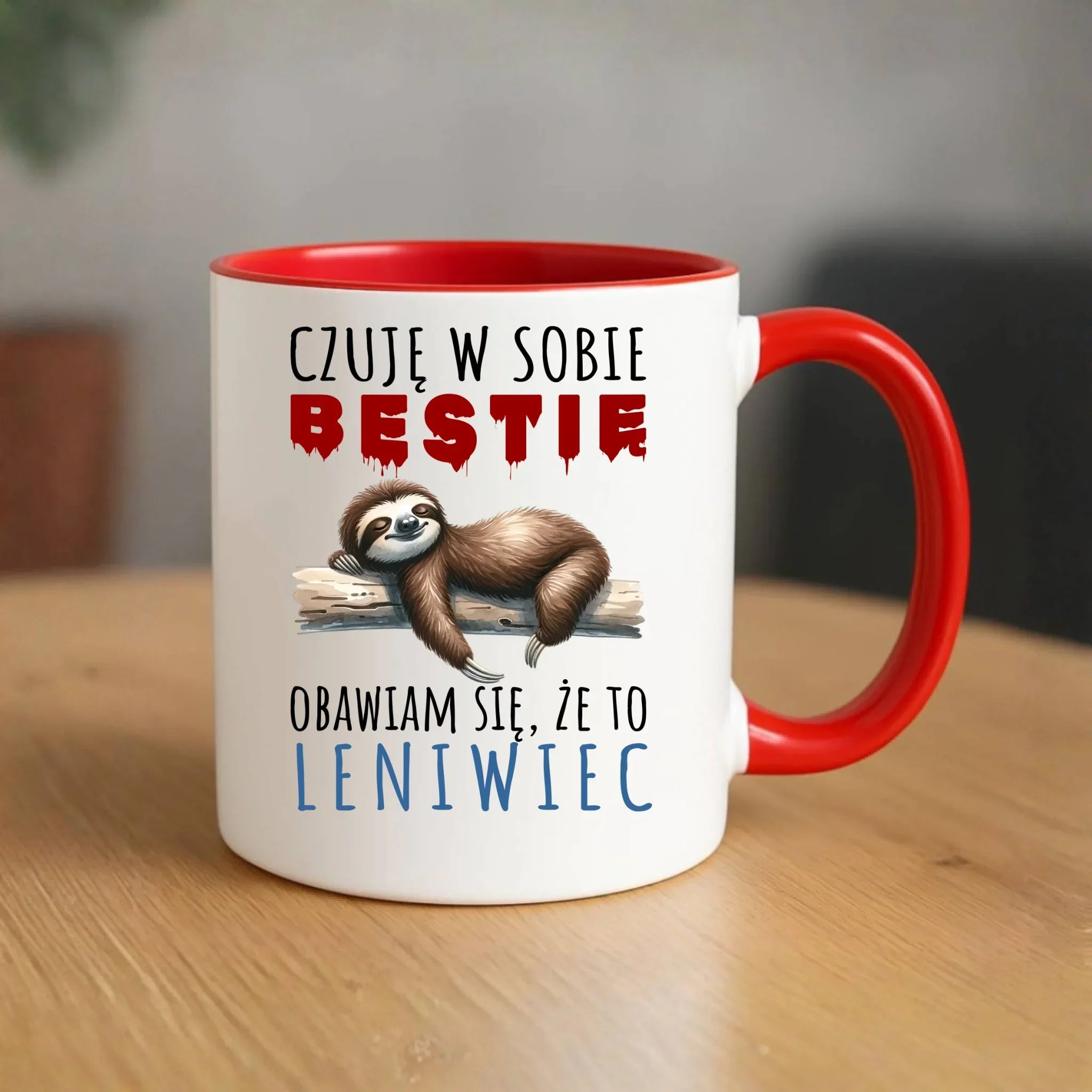 Śmieszny kubek z nadrukiem – Czuję w sobie bestię, obawiam się że to leniwiec – prezent DCH26 - StoryCups.pl