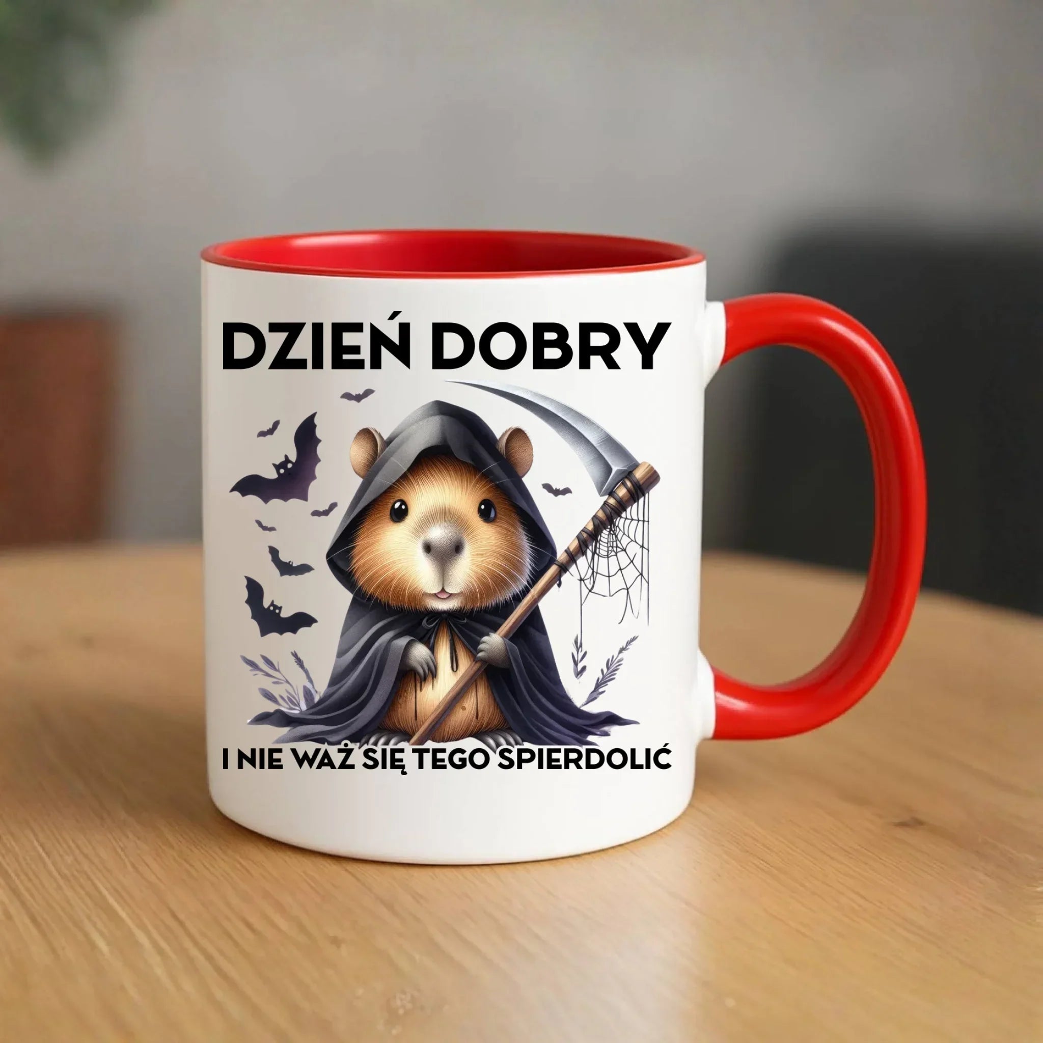 Kubek halloweenowy - Kapibara Żniwiarz - Dzień dobry - bez cenzury HL20 - StoryCups.pl