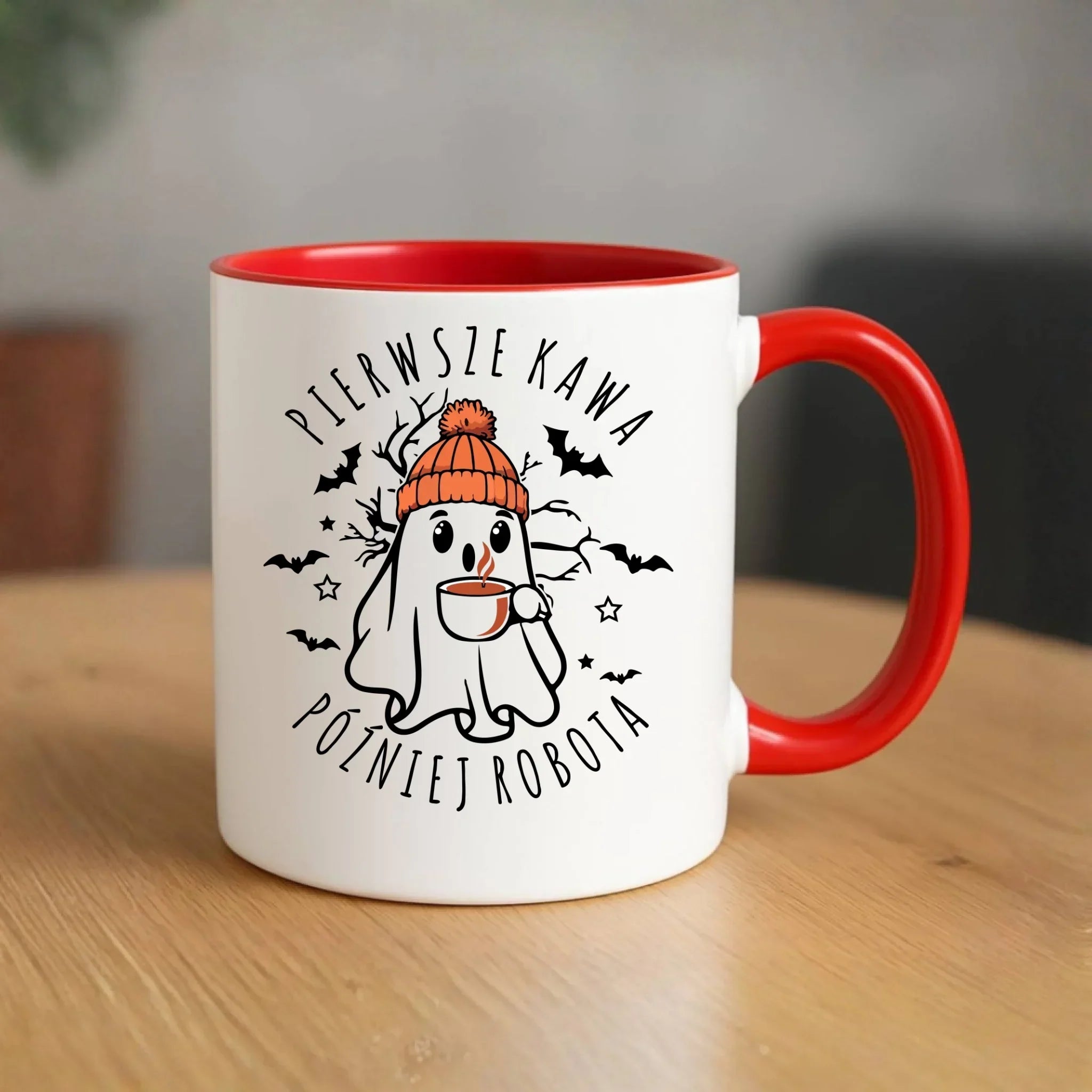 Kubek na Halloween - Duch z kawą - Pierwsze kawa później robota HL01 - StoryCups.pl