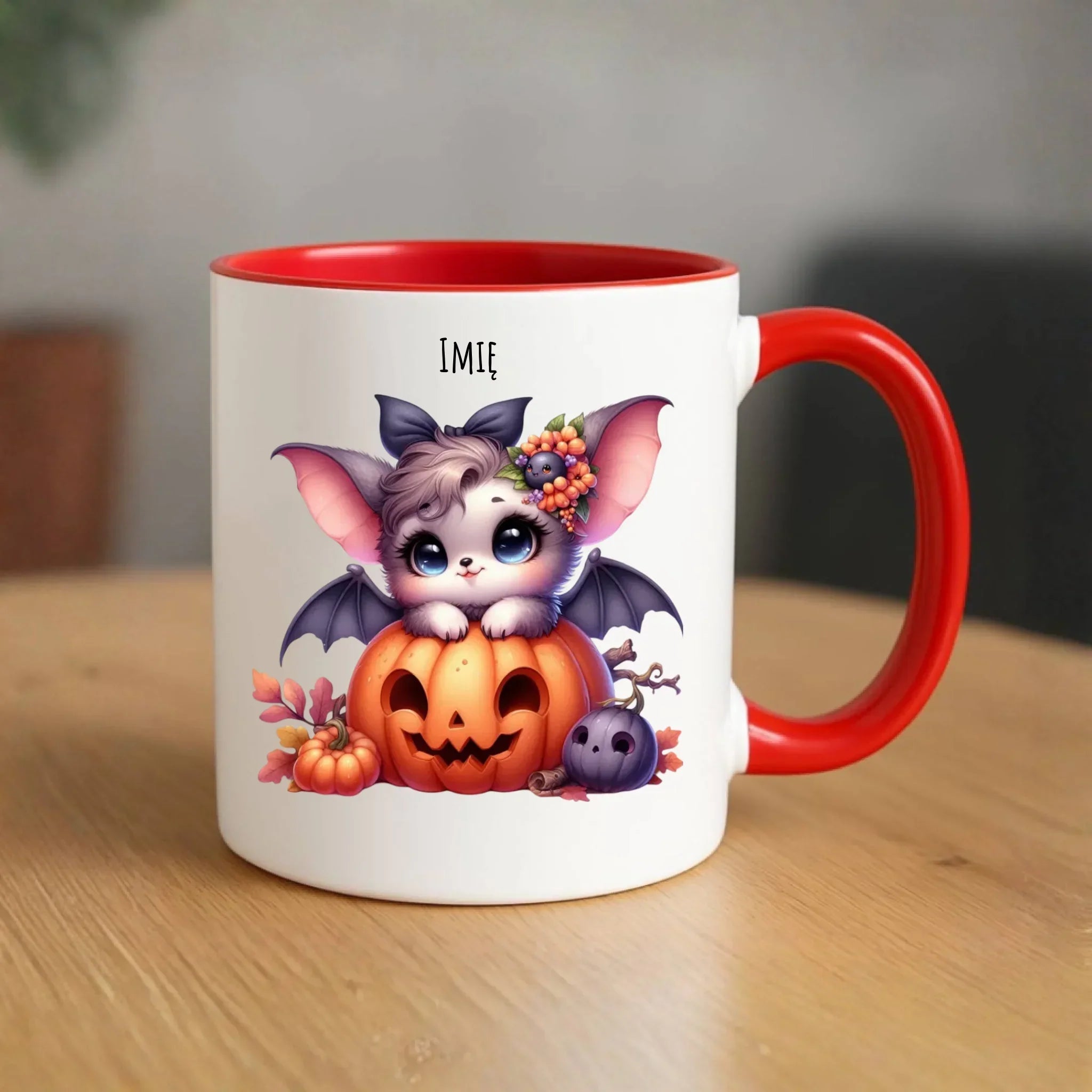 Kubek halloweenowy - Uroczy nietoperz z dynią - personalizowany HL08 - StoryCups.pl