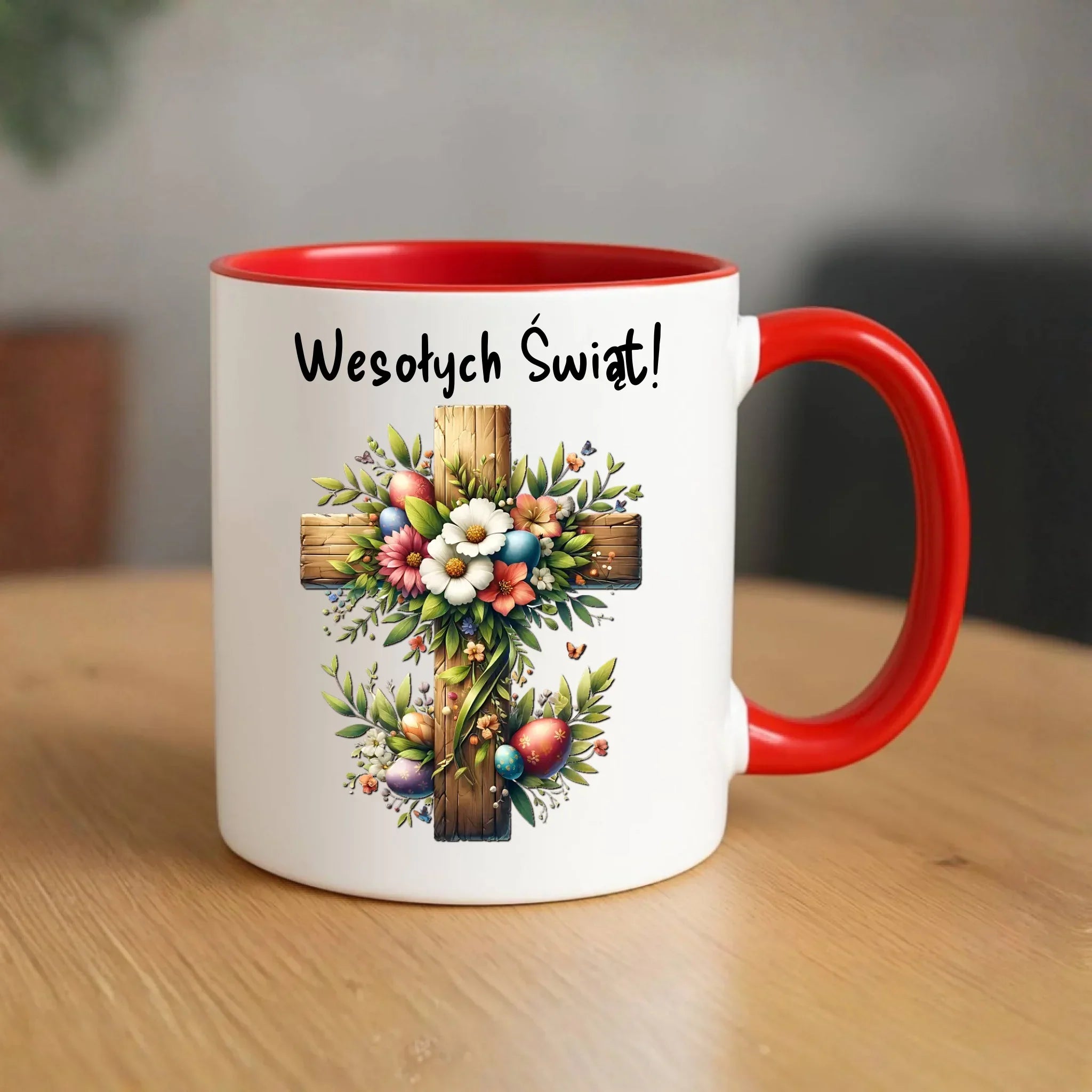 Kubek na Wielkanoc - Krzyż z kwiatami Wesołych Świąt WN02 - StoryCups.pl