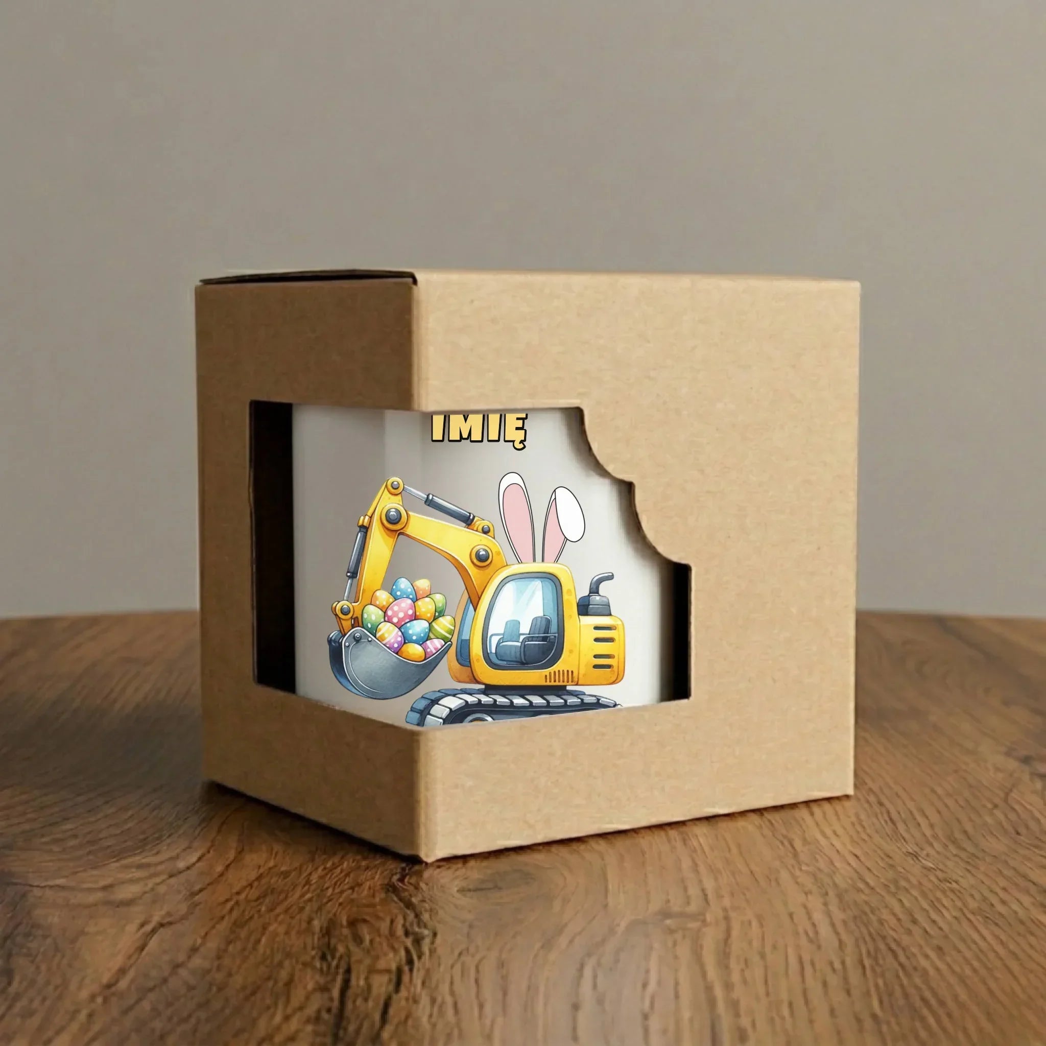 Kubek na Wielkanoc - Koparka z pisankami - personalizowany WN17 - StoryCups.pl