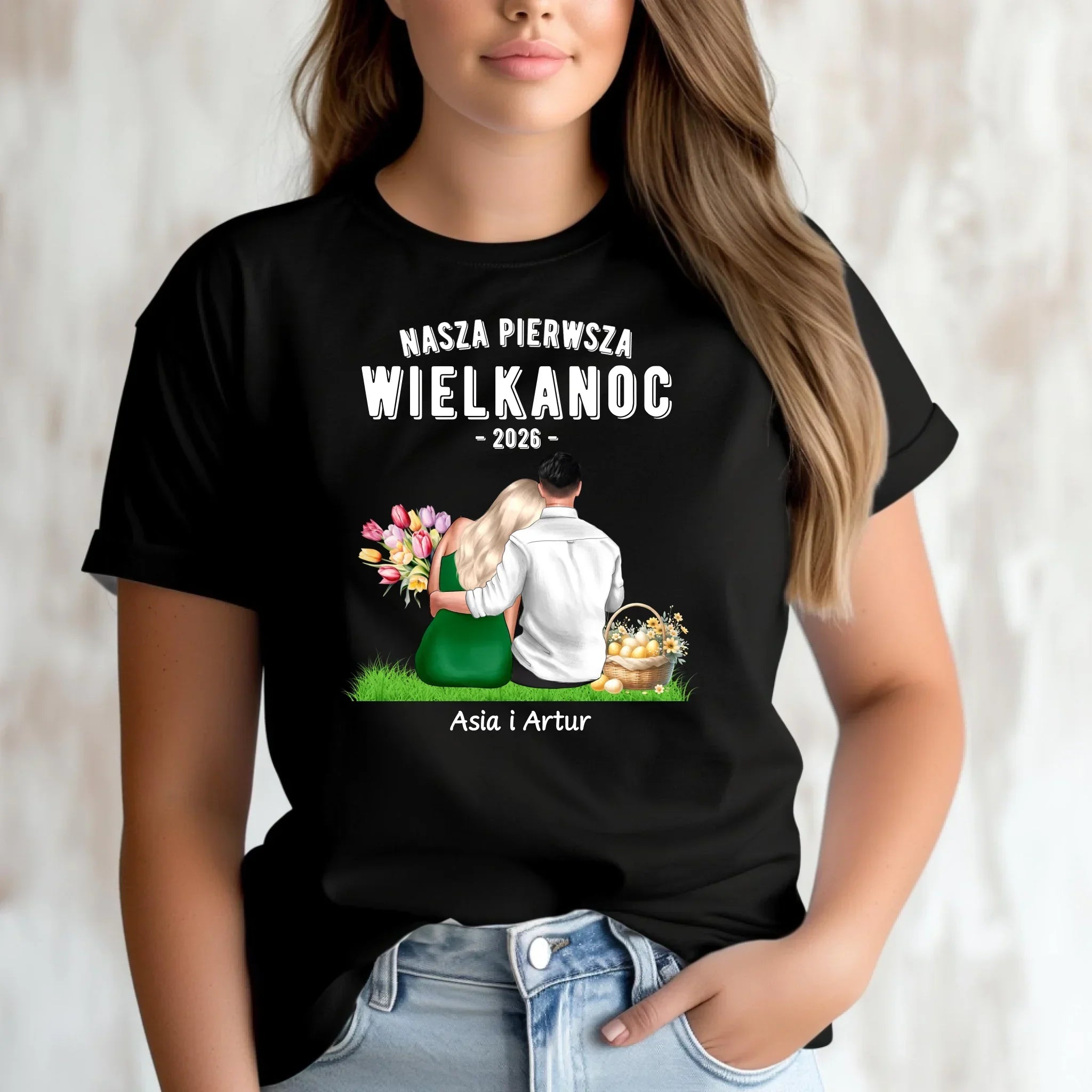 Koszulka damska wielkanocna dla par - Nasza pierwsza Wielkanoc - personalizowana WN16 - StoryCups.pl