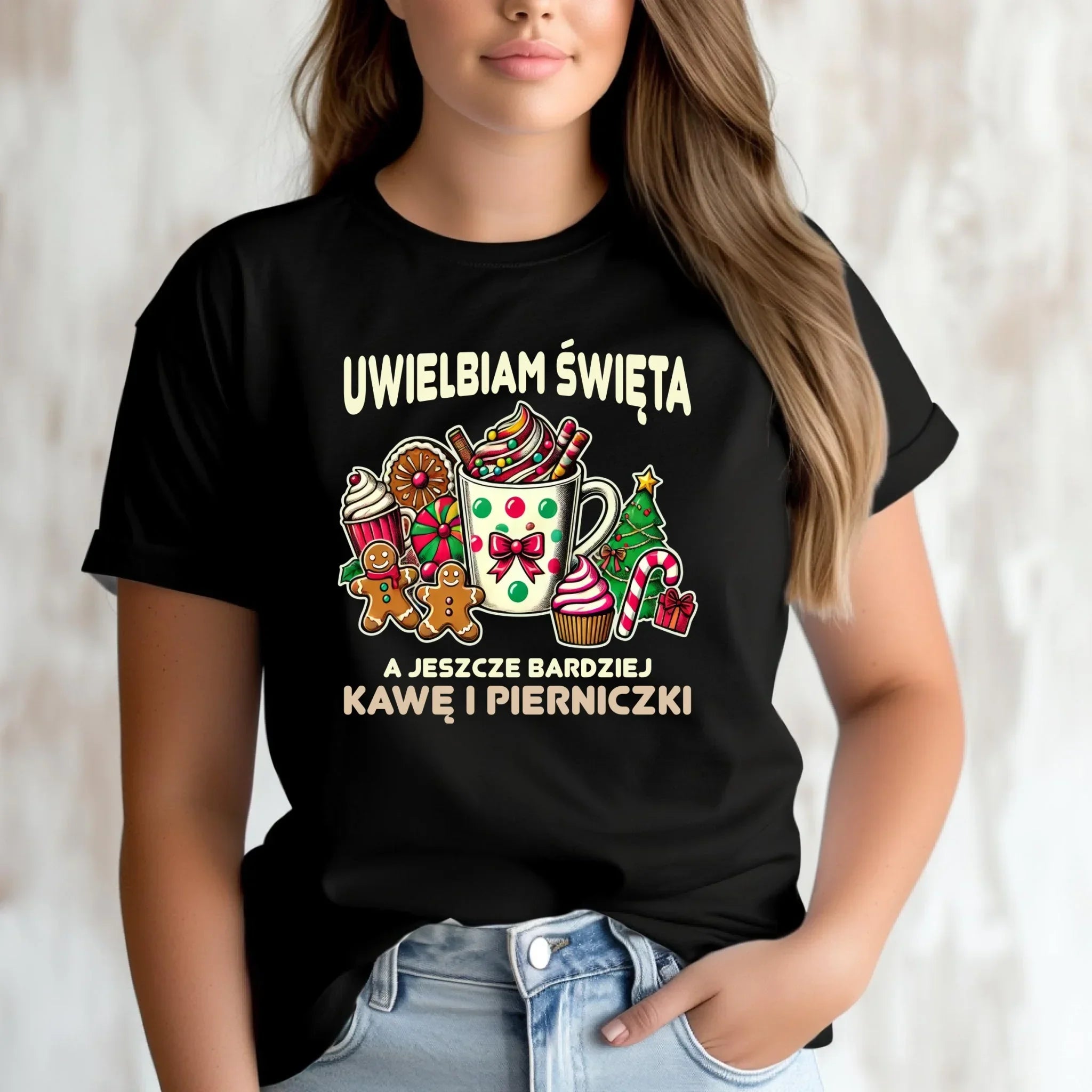 Koszulka damska świąteczna - Uwielbiam święta kawę i pierniczki BN47 - StoryCups.pl