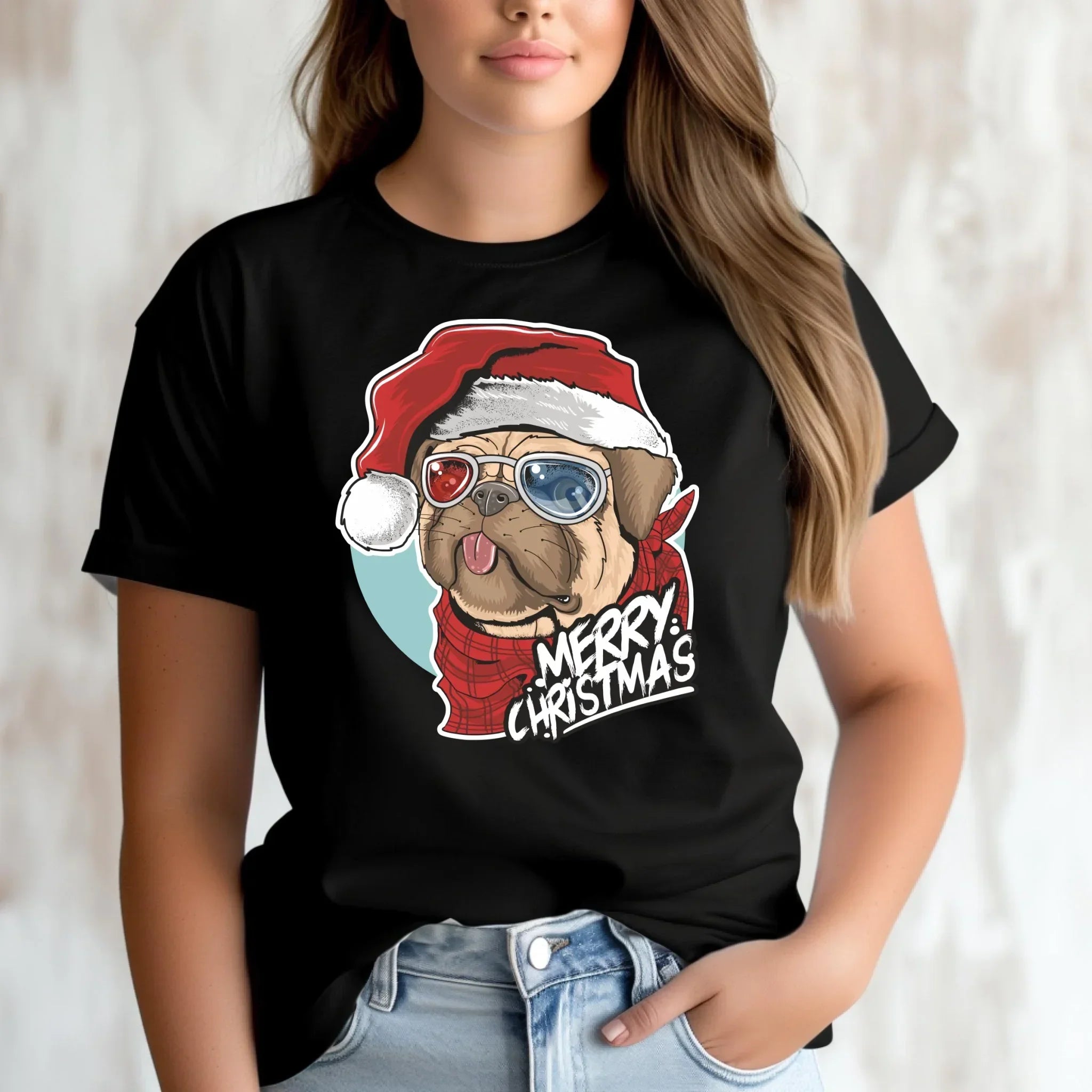 Koszulka damska świąteczna - Mops Merry Christmas BN62 - StoryCups.pl