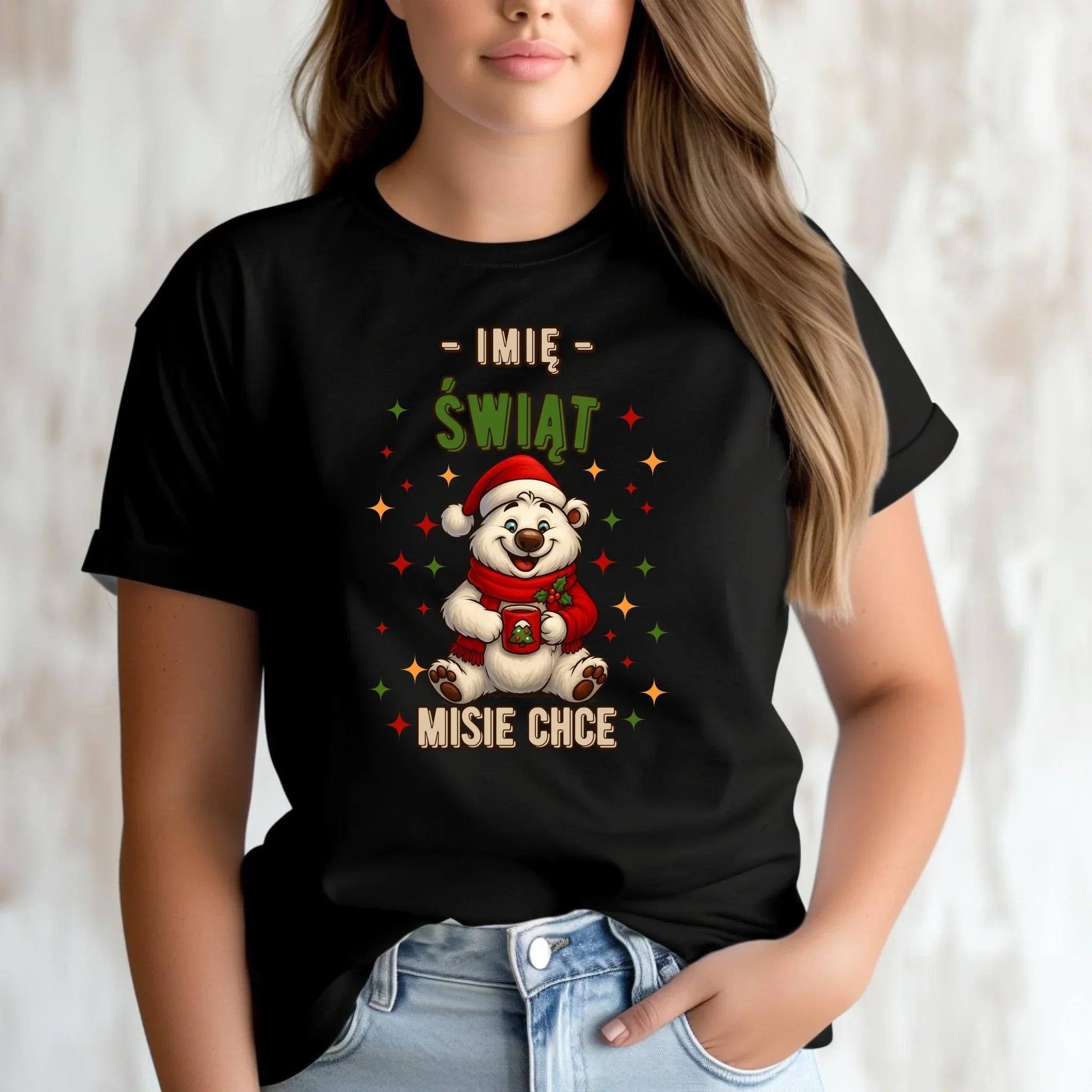 Koszulka damska świąteczna - Misiek Świąt misie chce - personalizowana BN86 - StoryCups.pl