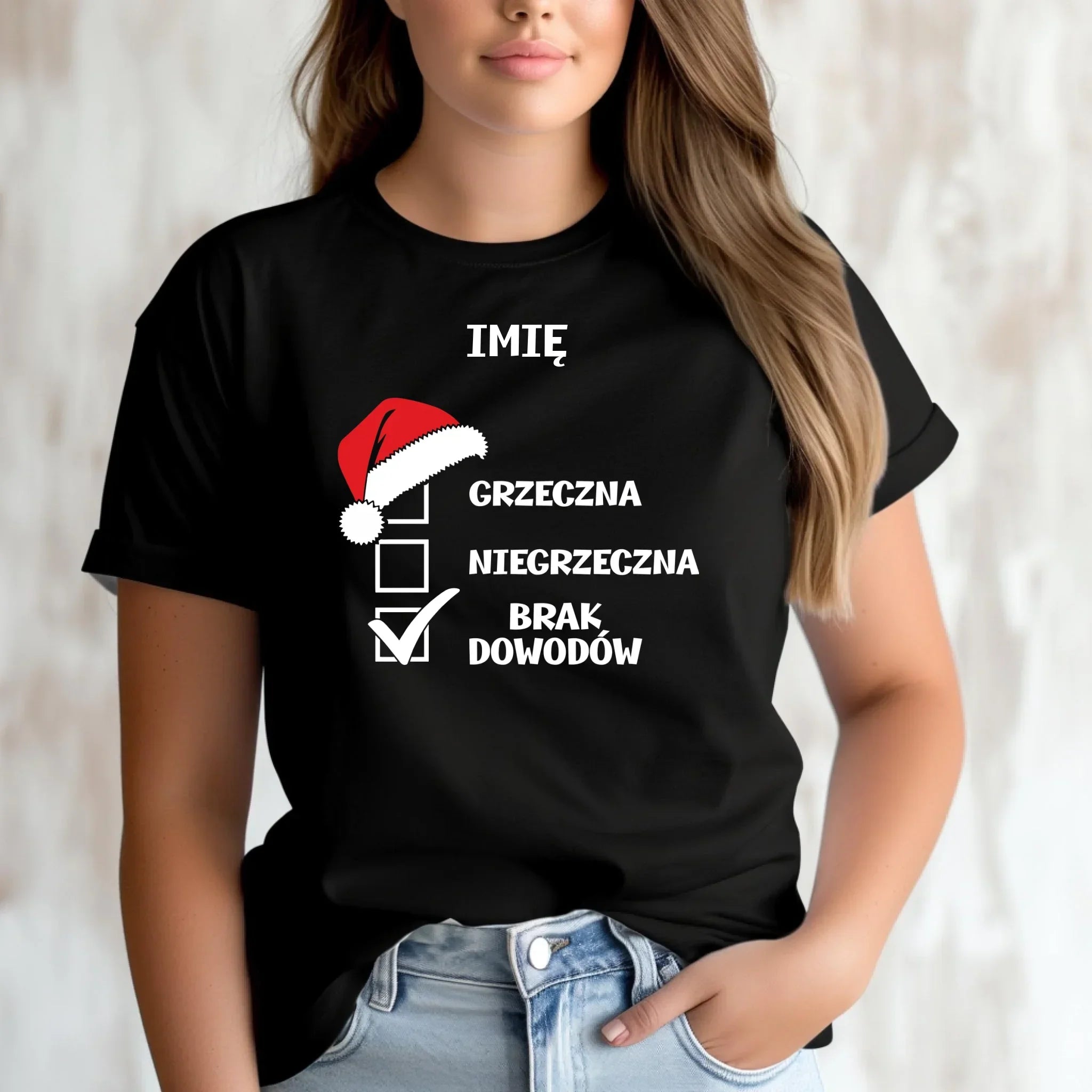 Koszulka damska świąteczna - Grzeczna niegrzeczna brak dowodów - personalizowana BN147 - StoryCups.pl
